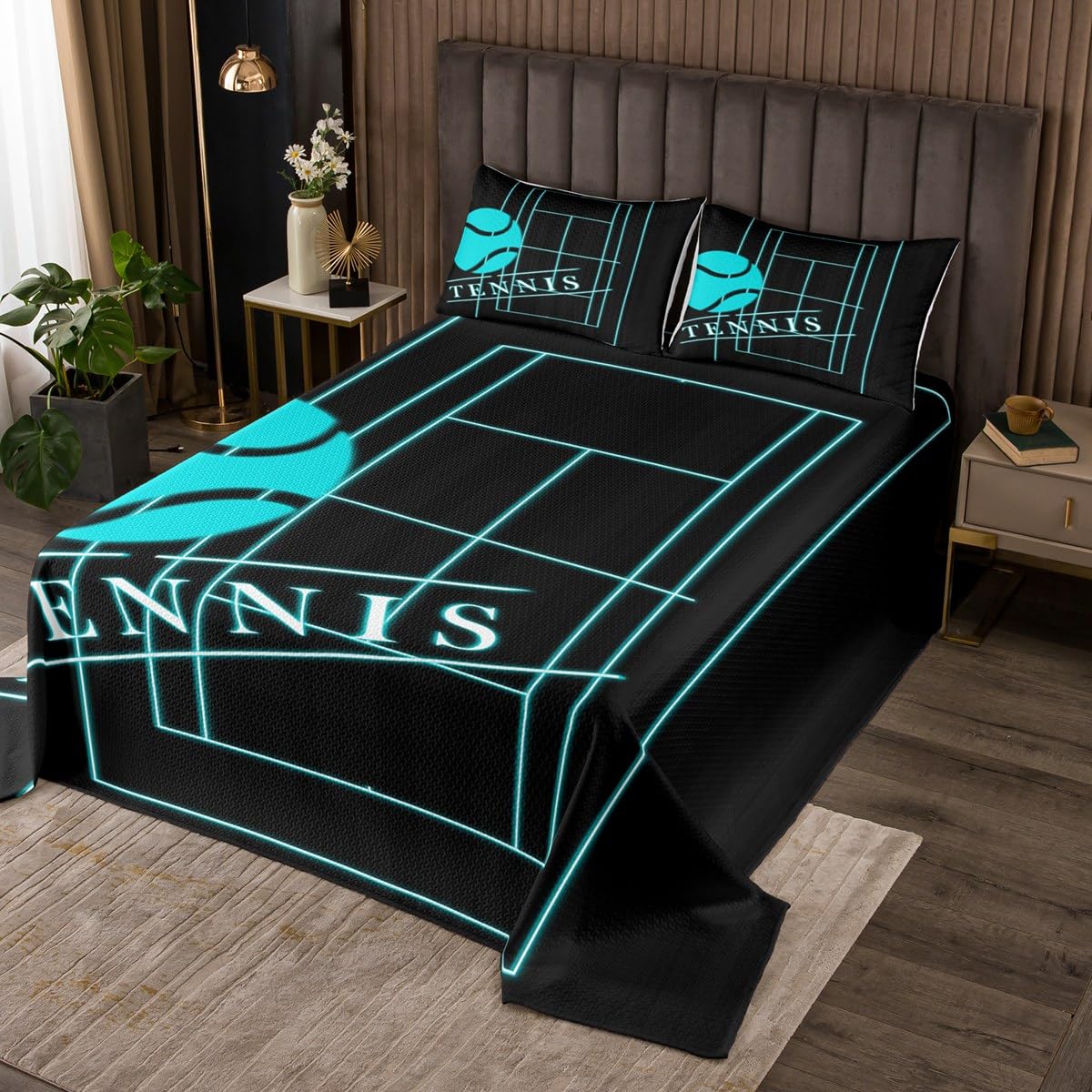 Erosebridal Sports Coverlet Twin Size for Boys Tennis Bedding Set, Ball Game Bedspread Set Black Teal Blue Quilt Set, Neon Blue Tennis Court Bed Set 2pcs