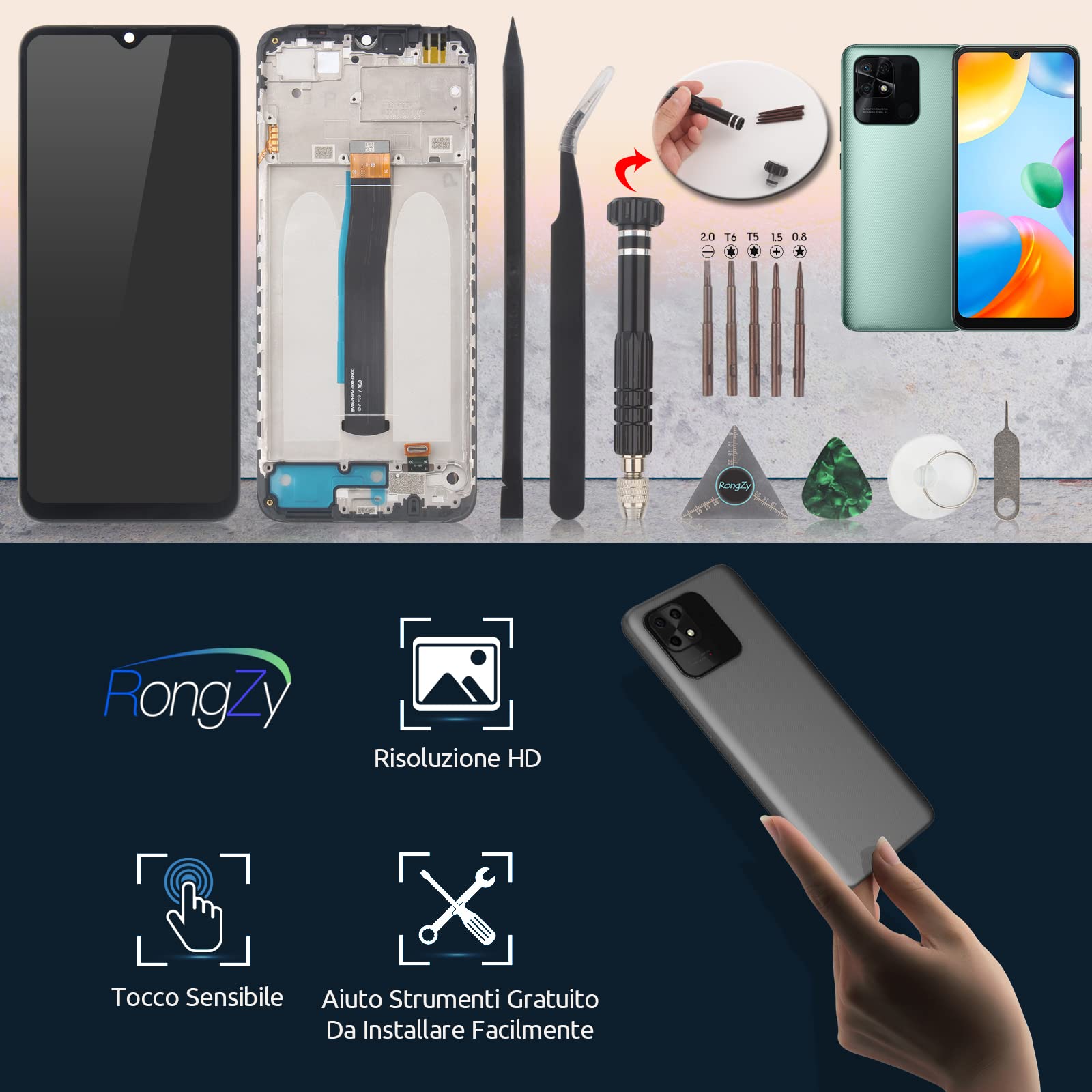RongZy LCD Schermo per Xiaomi Redmi 10C 220333QAG 220333QBI di Ricambio Display Touch Screen Digitizer Parti di Riparazione per Redmi 10C LCD Display con Strumenti(6.71",Nero con Cornice)