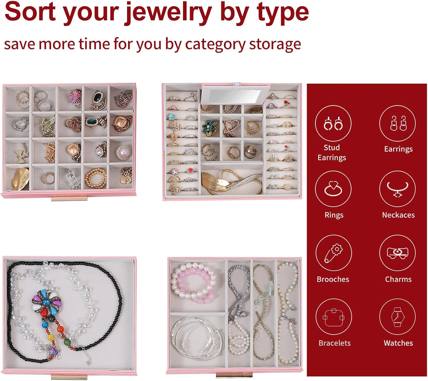 BOOVO Clear Lid Jewelry Box,4 Layers Jewelry Organizer Large Jewelry Storage Box with 3 Drawers,Jewelry Holder Organzier of Rings Earrings Necklace Bracelets for Women (Pink, 4 Layer) - Image 3