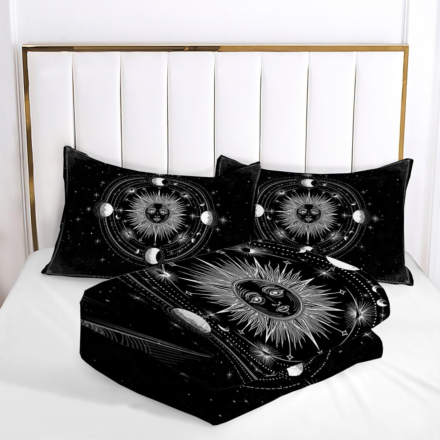 Bohemia Sun Comforter Set Queen Size, Simple Moon Phase Bedding Set for Teens Adults Room, Black Soft 90" x 90" Quilt with 2 Pillow Cases, Lightweight Black Quilt for All Season