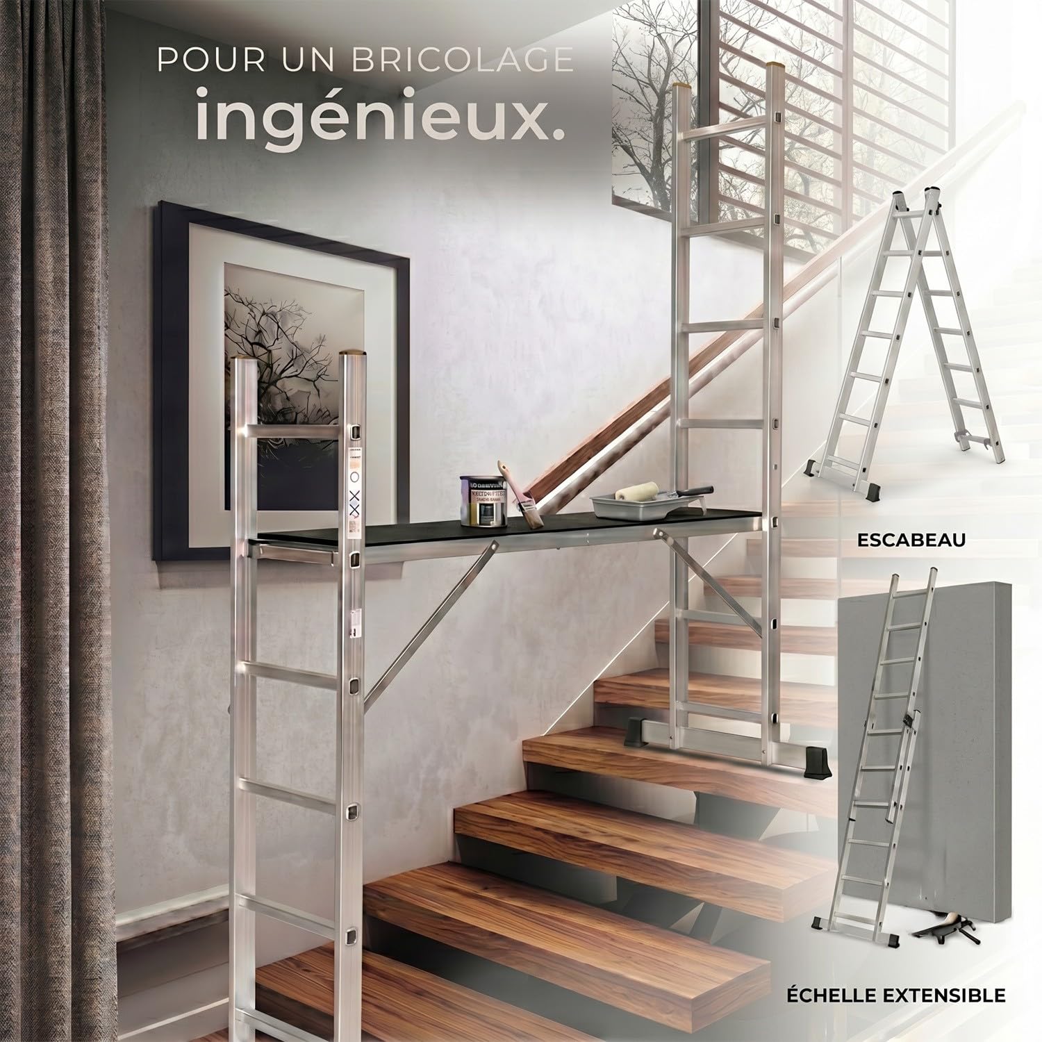 High Échelle 2 Plans Aluminium 3-en-1 escabeau échafaudage 7 marches