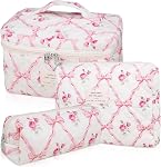 TOPALL Floral Cotton Quilted Makeup Bag, Classic Toiletry Bag with Pink Bow, Cosmetic Pouch for Women & Girls, Stylish Makeup Bag for Daily Use or Travel