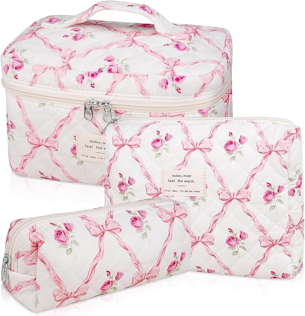 TOPALL Sac de maquillage matelassé en coton floral, Sac de toilette classique avec arc rose, Pochette cosmétique pour les femmes & Filles, Sac de maquillage élégant pour usage quotidien ou voyage