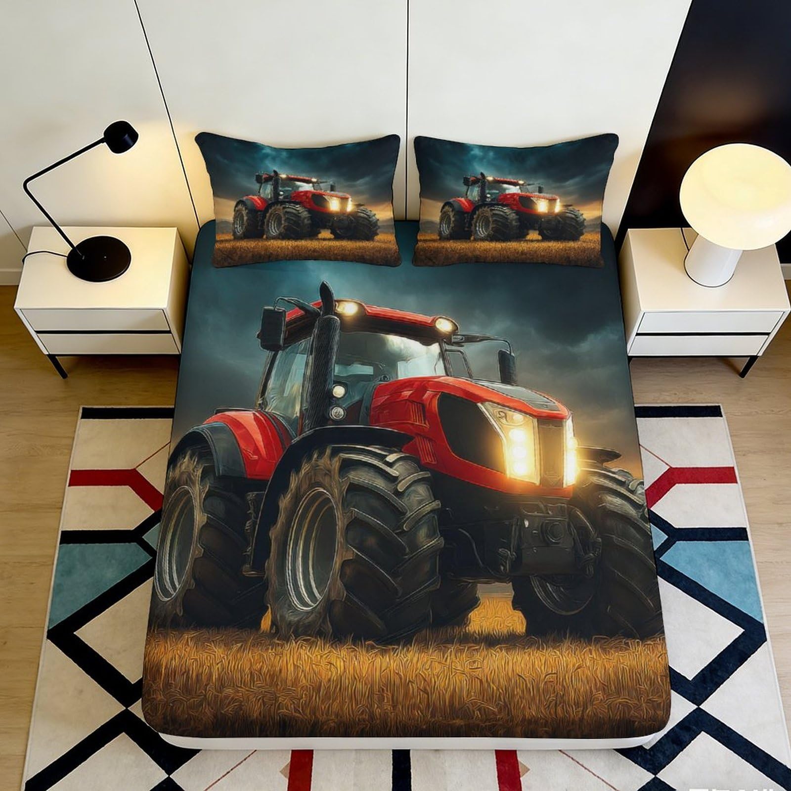 3D Printed Red Tractor Fitted Sheet Microfiber Durable Soft 3D Printed Farm Vehicle Bed Cover for Bedroom Dorm Dormitory Mattress Protection 180x200x25cm