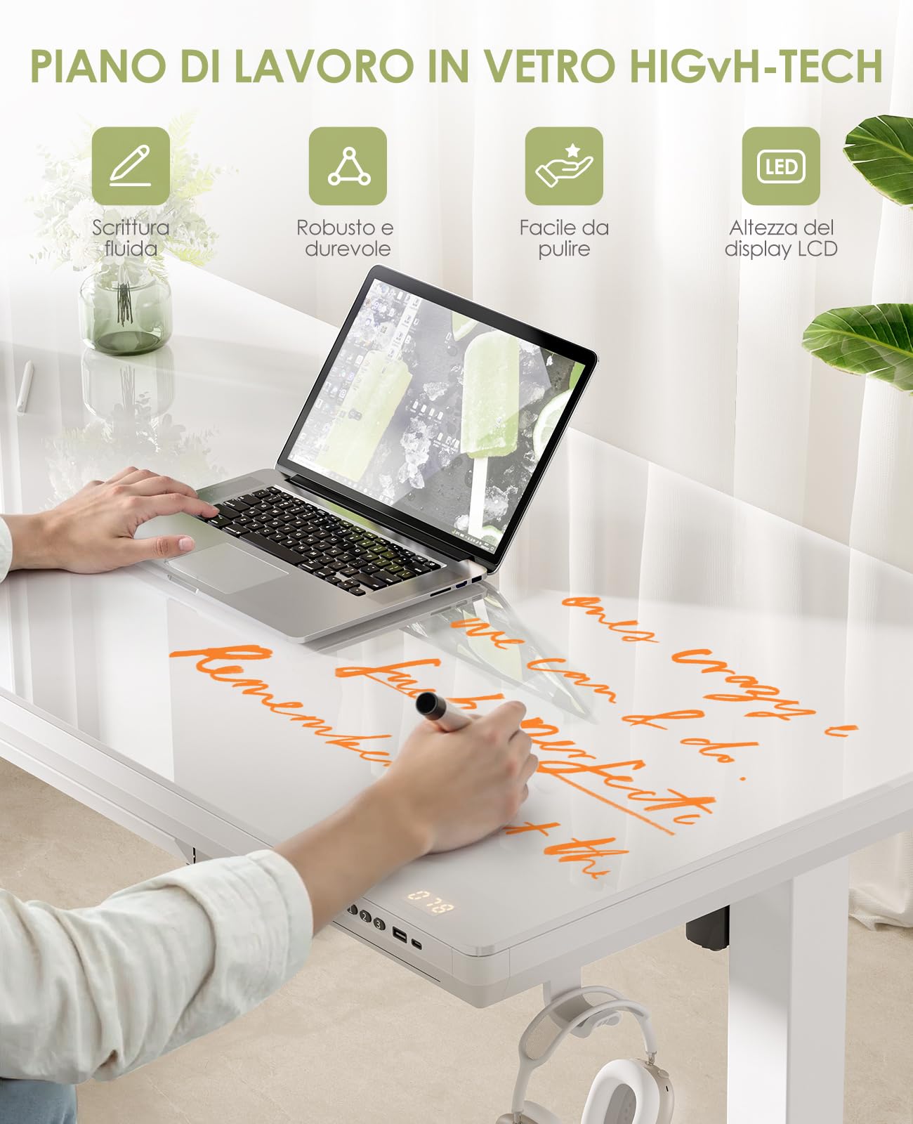 OffiGo Scrivania Regolabile in Altezza Elettrica, 140 x 60 cm, Top in Cristallo Monoblocco, Scrivania in Vetro con Cassetto e Porte USB e Type-C, Scrivania da Sede/Standing, per Casa e Ufficio, Bianco