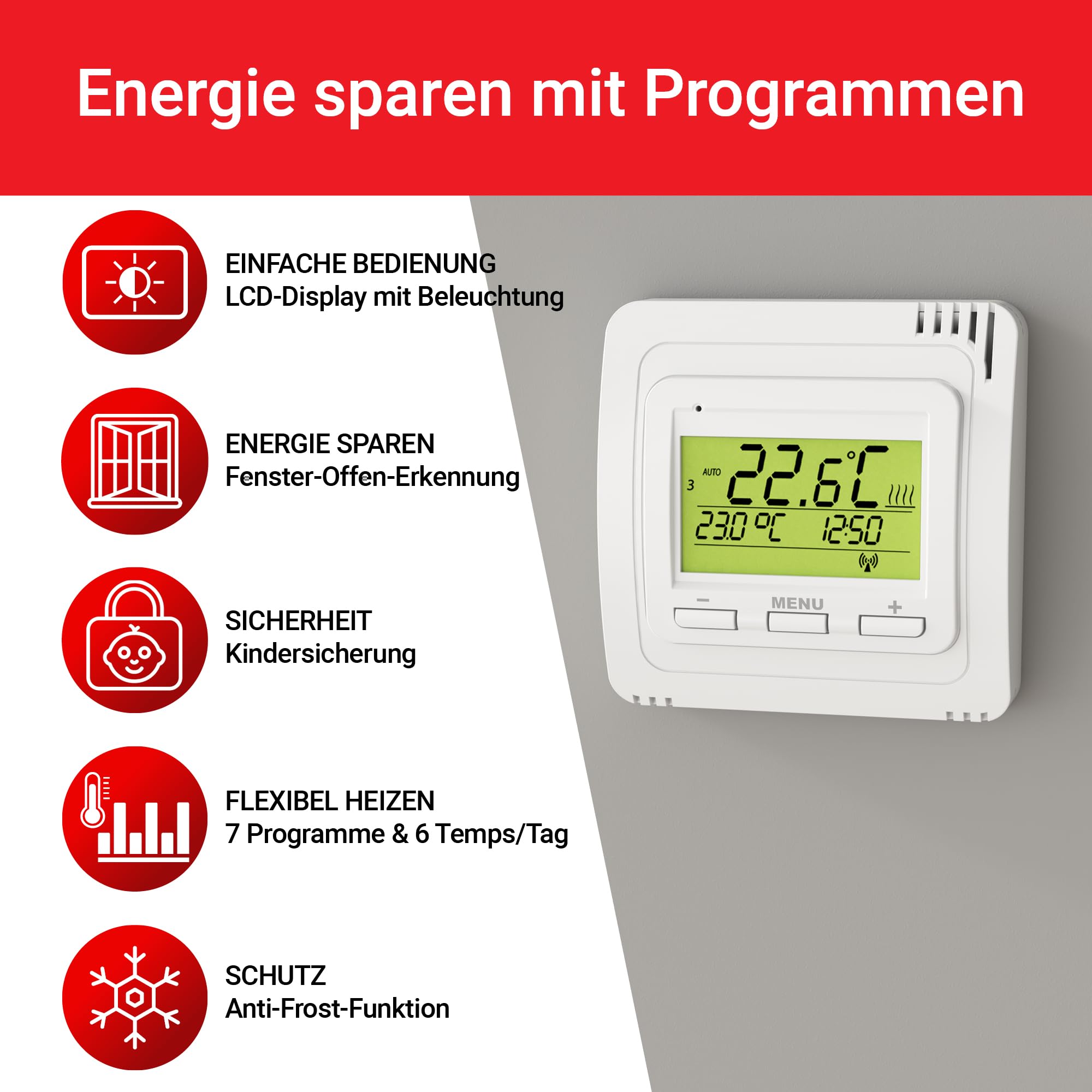Funk Raumthermostat Set EB71332-2R | Heizungssteuerung & Lichtsteuerung mit Empfänger, Thermostat & Funktaster | Energiesparend mit Wochenprogramm, Frostschutz & Kindersicherung