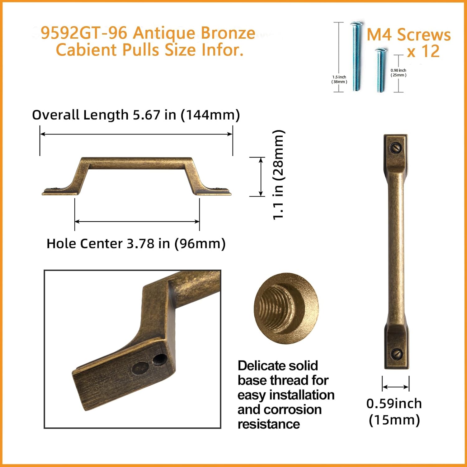 Goo-Ki 6 Pack Antique Brass Kitchen Drawer Pulls Retro Cabinet Hardware - 3.78"(96mm) c-c Vintage Bronze Pull Dresser Handles for Bar Cupboard Closet Wardrobe,9592GT-96