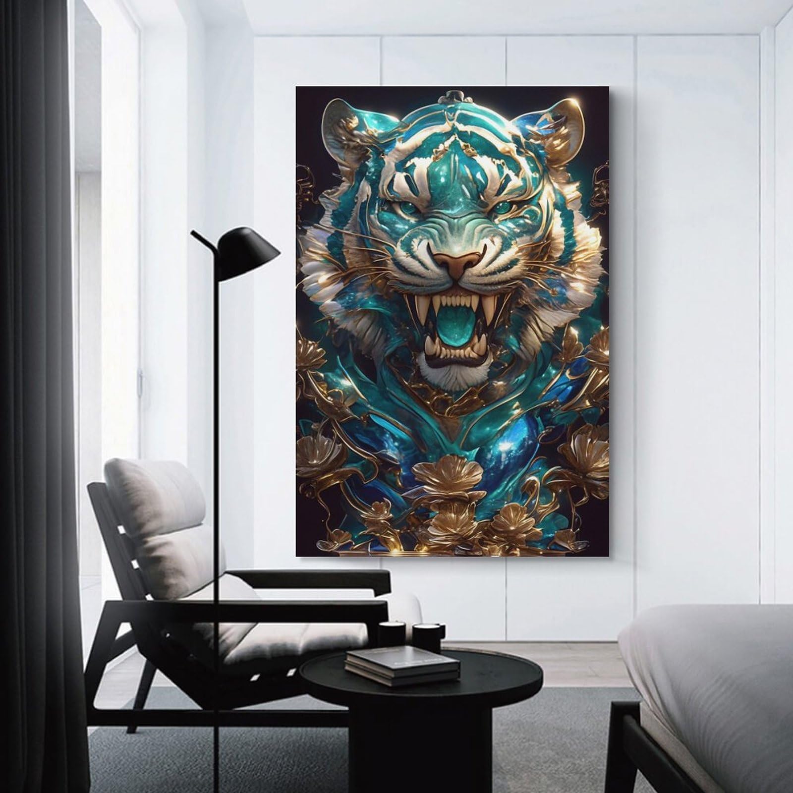 Junmoney Ornate Teal And Gold Tiger Portrait Home Decor Wall Art, 08x12inch(20x30cm), for Apartments, Flats Or New Home Decor, An Easy Choice for New Home Styling