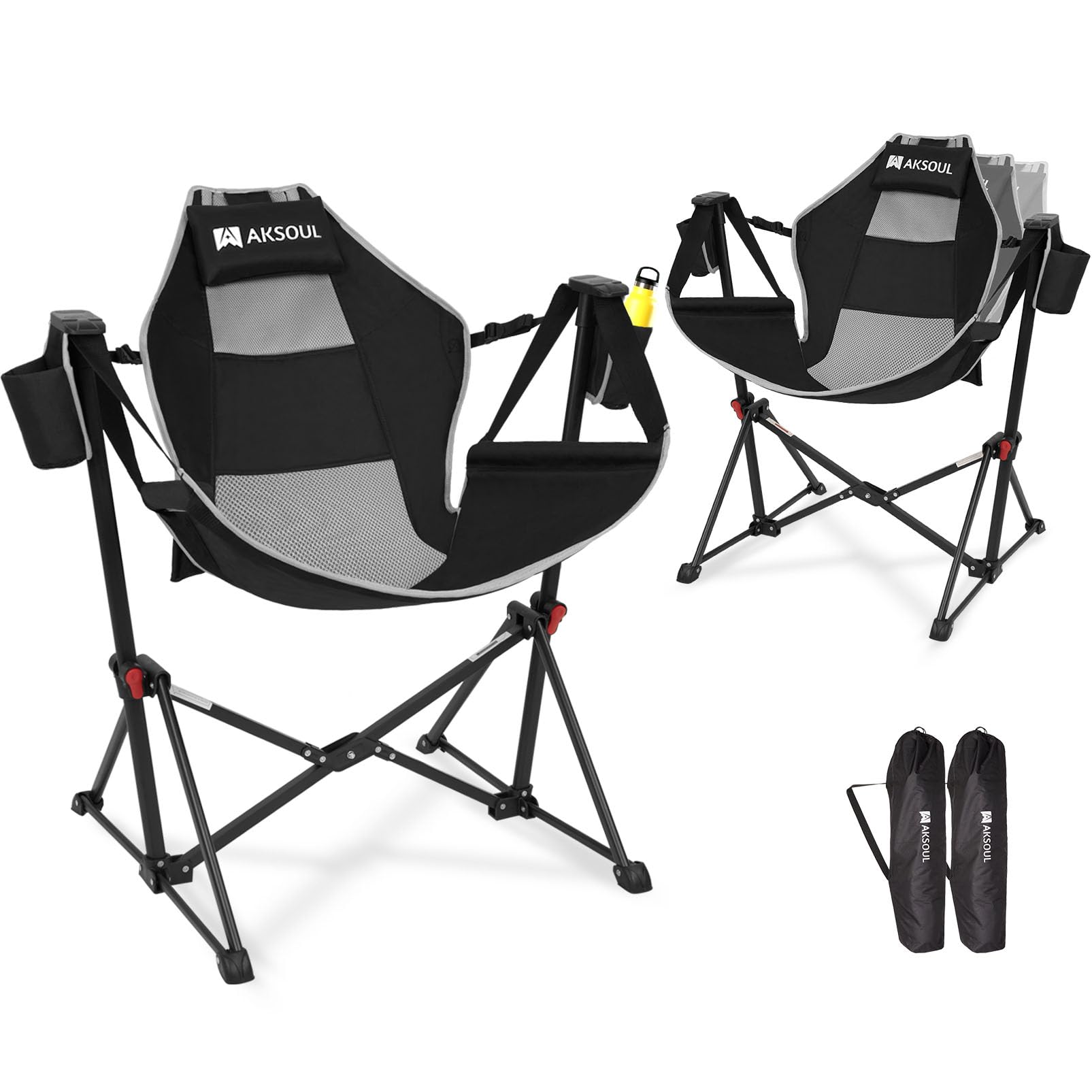 AKSOUL Hammock Camping Chair Swinging: Aluminum Alloy Adjustable Back Swinging Chair, Folding Rocking Chair with Pillow Cup Holder, Recliner for Outdoor Travel Sports Games Lawn Concerts Backyard