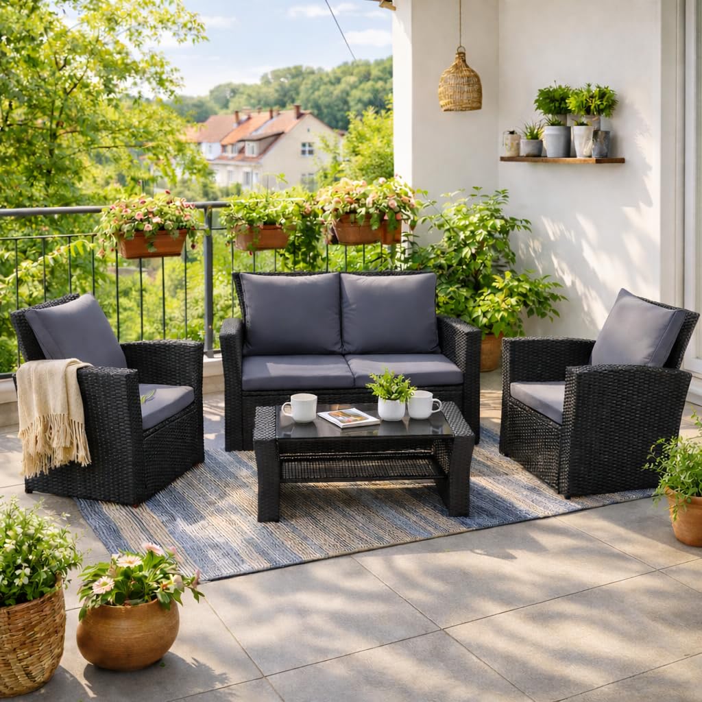 LANOX 4-Teiliges Poly Rattan Balkonmöbel Set mit Sofa und Couchtisch