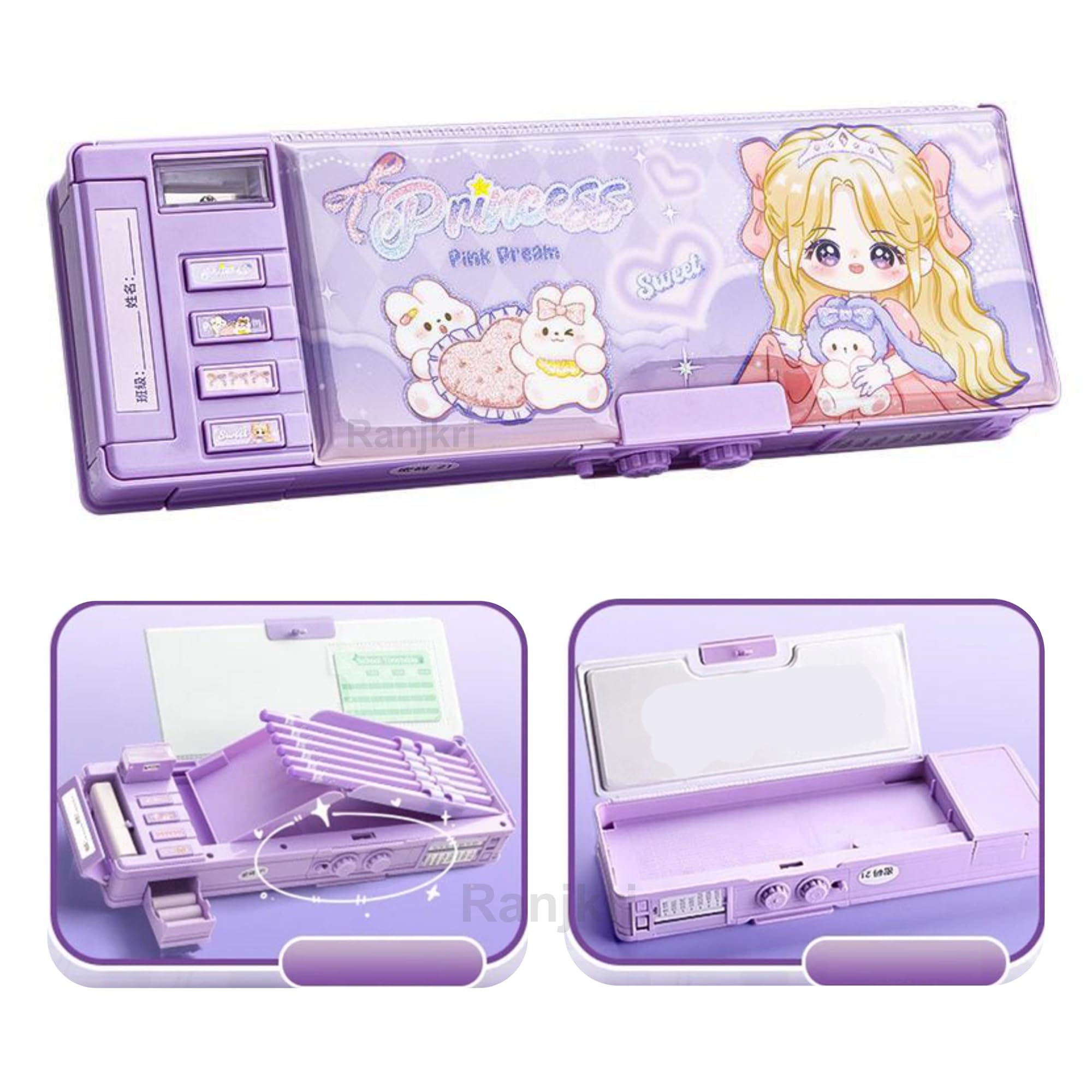 Ranjkri Multifunctional Geometry Lock Pencil Box for Kids, Students, Boys & Girls, Magnetic & Passworld Lock Compass Box, Sweet Princess Theme School Return Gifts (Sweet Princess Purple)-image-43