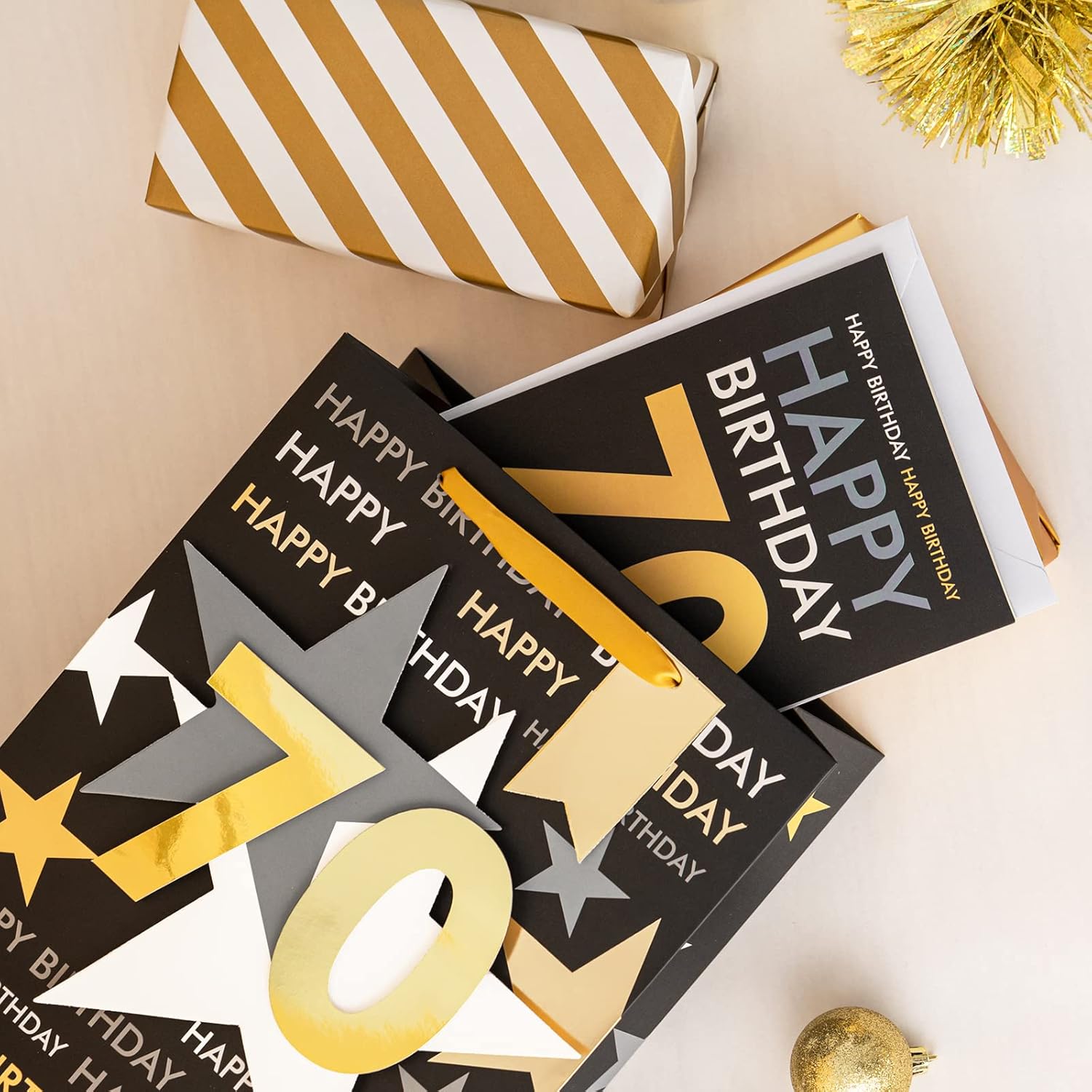 Loveinside Birthday Gift Bag with Tissue Paper and Greeting Card for 70 Birthday - 10" x 5" x 13", 1 Pcs, Black Gold - Image 4