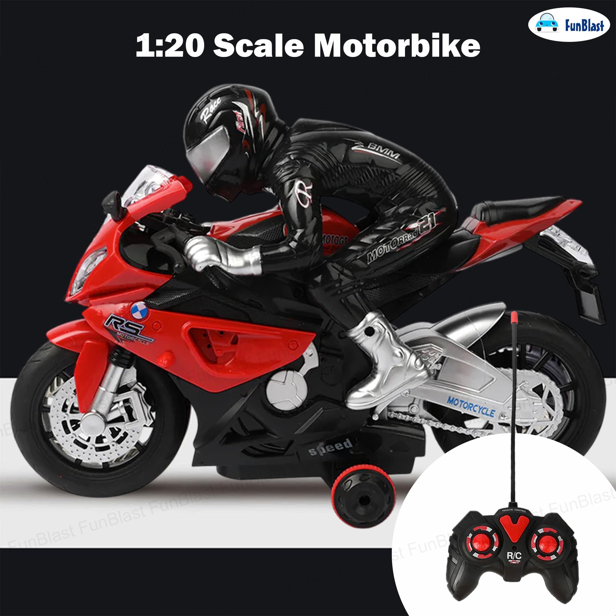 FunBlast RC Motorcycle for Kids – Remote Control Racing Bike Toy with Rider, Lights, Sound & Rechargeable Battery – 1:20 Scale Motorbike for 3+ Year Old Boys & Girls (Red) - Image 5 thumbnail