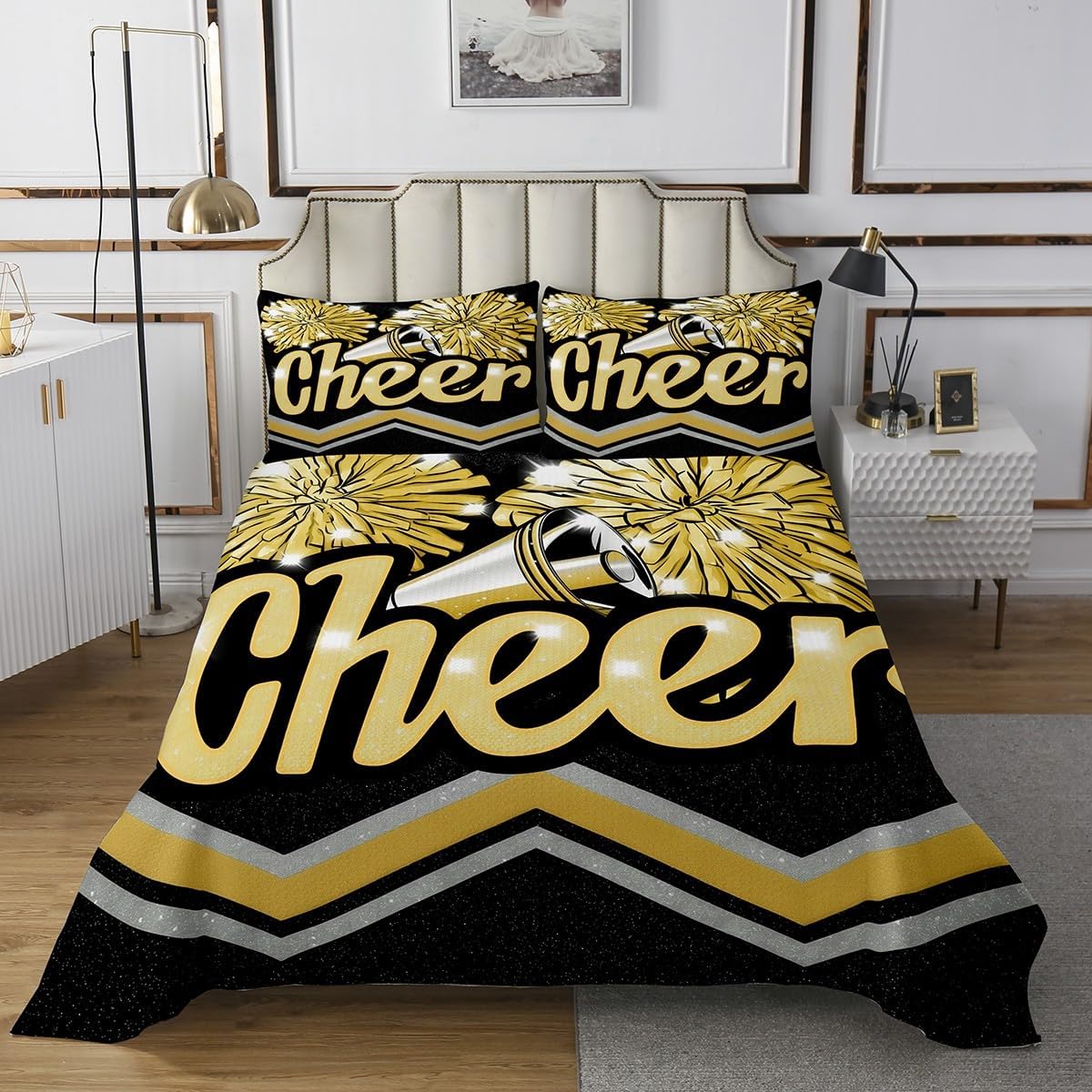 Gymnastics Girl Quilted Coverlet Gymnast Dancer Silhouette Bedspread Queen for Kids Teens Girls Artistic Musical Notes Decor Bedding Set Cheerleading Sports Bedroom Coverlet Sets 3 Pieces