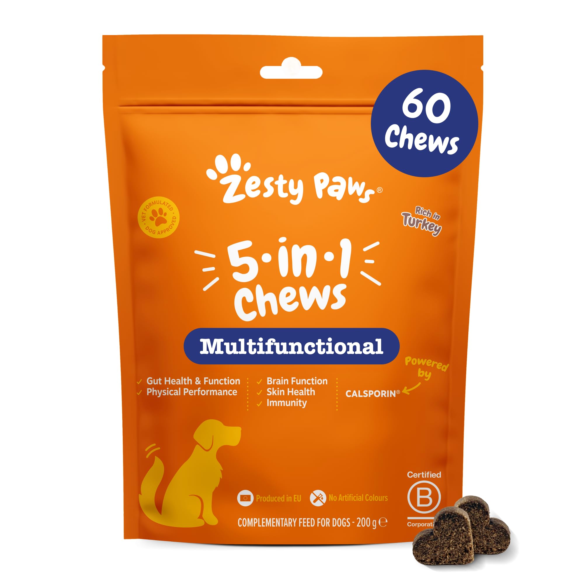 Zesty Paws 5-in-1 Chews | Multivitamin Chews Dogs | Maintain Gut, Skin & Immune Health | Support Physical Performance | Vitamins A, B3, B5 | Niacinamide | Biotin | Rich in Turkey | 60 Pcs
