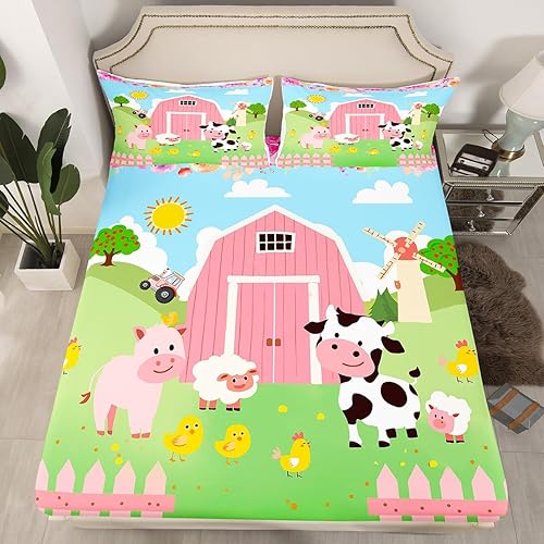 Lindo juego de sábanas bajeras de animales de granja para niñas, niños, ganado, ovejas, cerdos, caballos, juego de ropa de cama de granja,