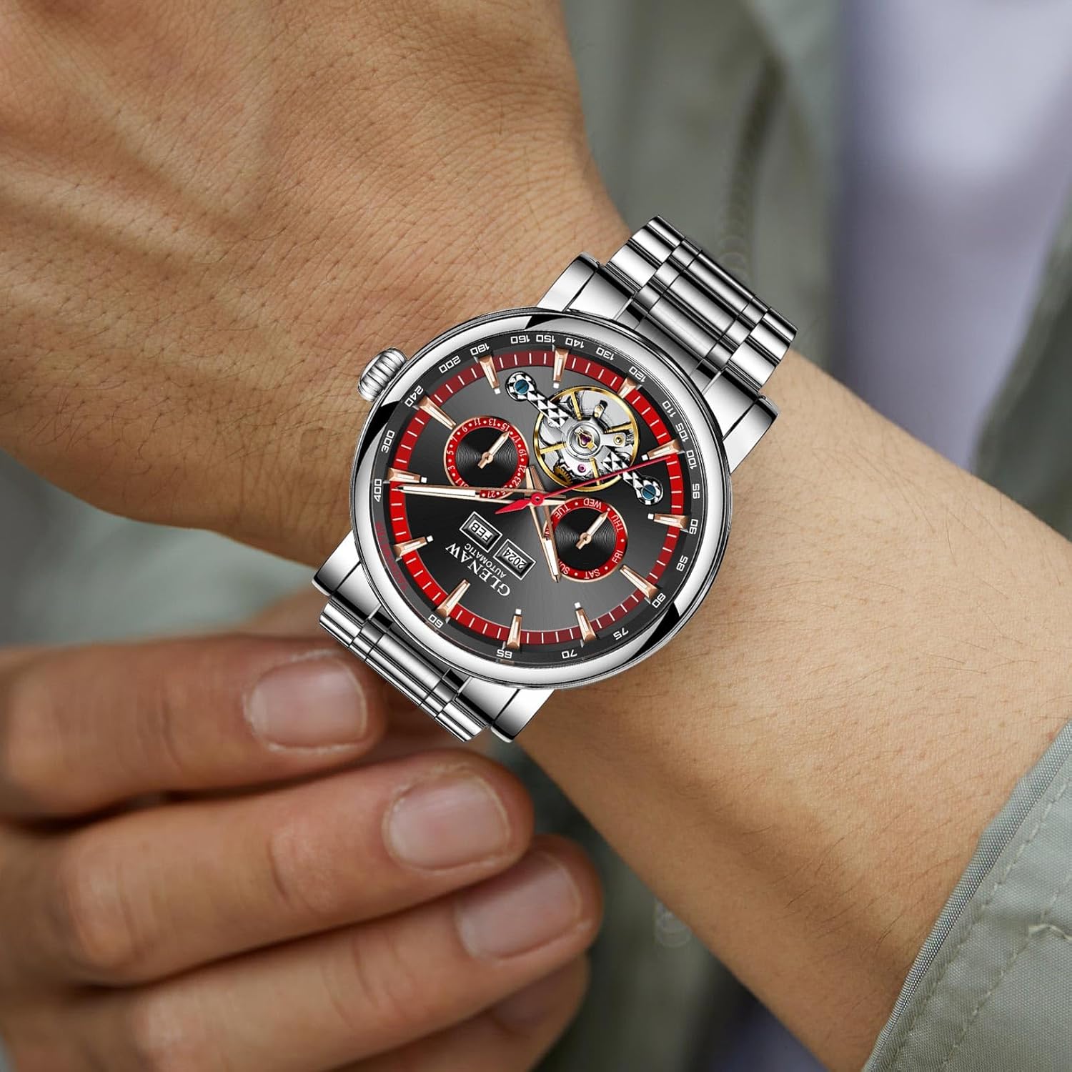 GLENAW Luxury Automatic Mechanical Mens Watche-Skeleton Dial, Day Date Tourbillon Self Winding Dress Wrist Watches Luminous - Image 3