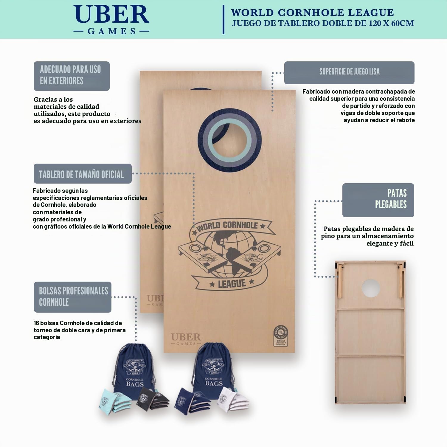 World Cornhole League Juego de Tablas Dobles, 120 x 60 cm, Producto Oficial