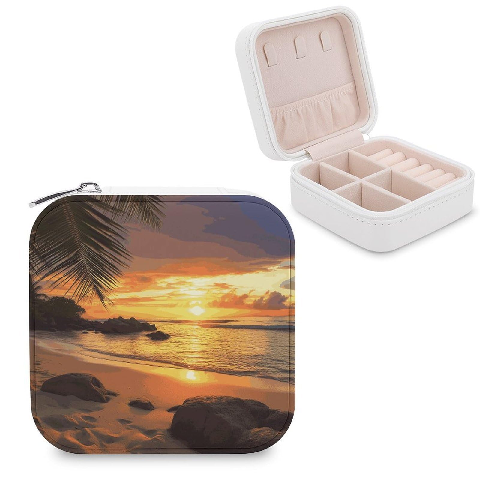VstaDank Tropical Beach Coastal Sunset Jewelry Box Portable Mini Travel Case Display Storage Holder Boxes PU Leather Small Jewelry Organizer for Women for Stud Earrings Rings Necklaces Bracelets