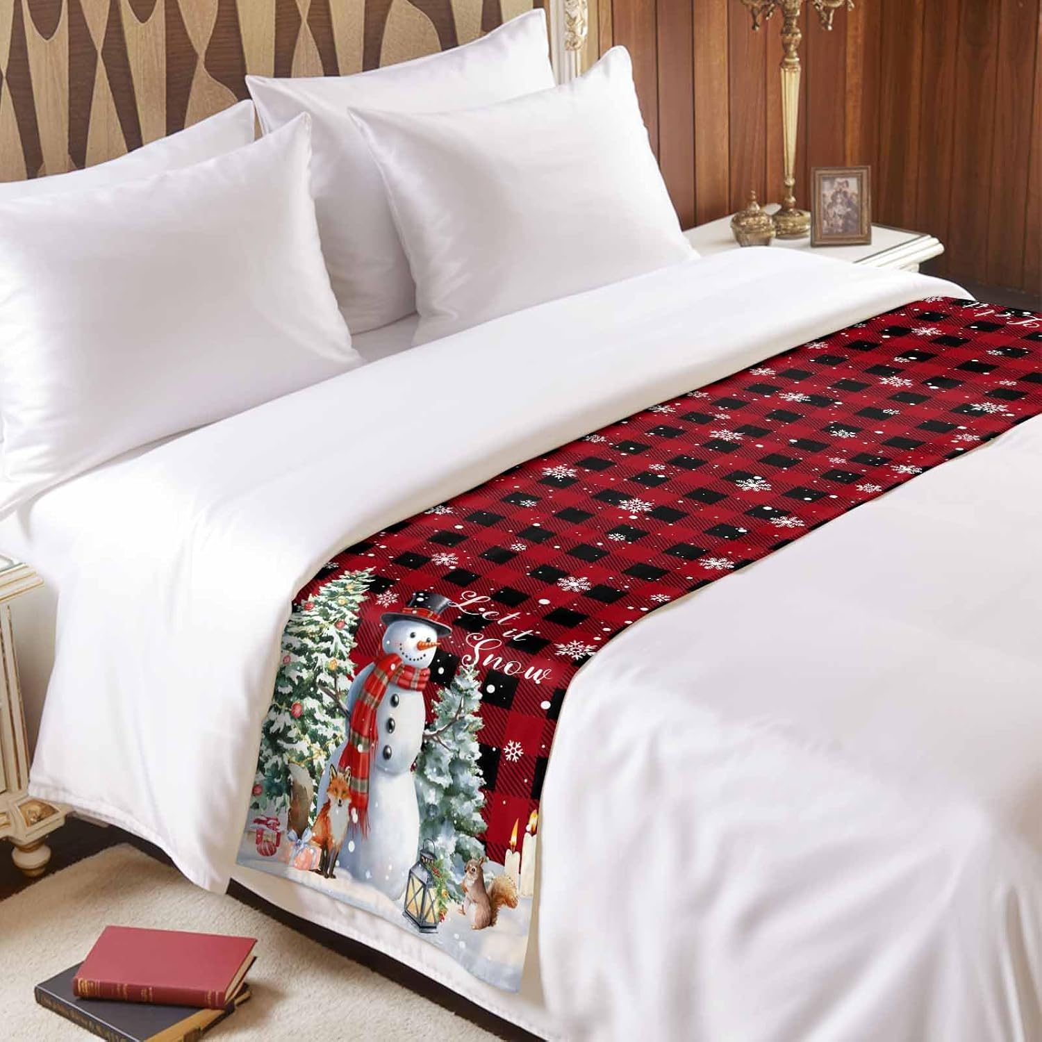 Winter Xmas Bed Runner for Full/ Queen Size Bed, Bedspread Protector Slipcover Bed Scarf for Foot Bed Runners & Scarves for Bedroom Wedding Room 83x20 Inches Christmas Snowman Pine Tree Plaid Red
