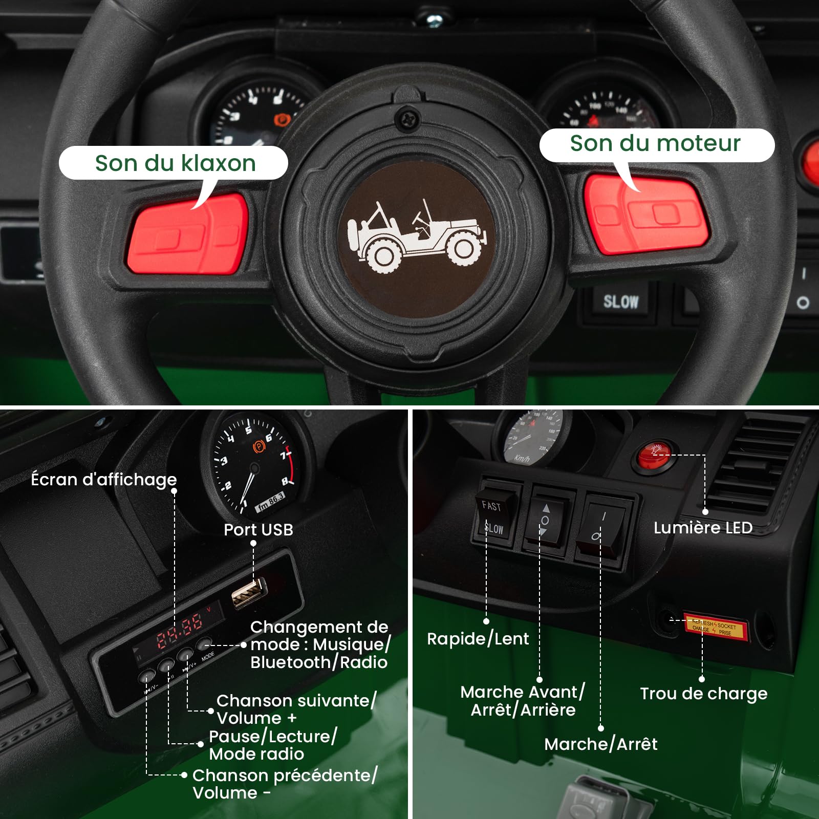 COSTWAY 24V Voiture Electrique 2 Places Enfants avec Télécommande 2,4G, Véhicule Electrique avec Musique & Lumières LED, Démarrage Lent & 2 Vitesses, Charge 35kg pour Enfants de 3-8 Ans+ (Vert)