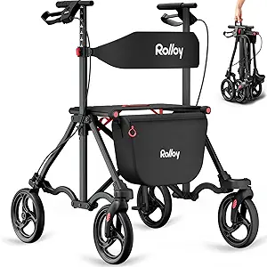 Rollator Walkers for Seniors with Seat, Foldable Travel Rolling Walker, 300lbs Capacity, lightweight Compact Portable Walker with Seat,Adjustable Height for Tall over 6ft,8" Big Wheels(Standard Model)