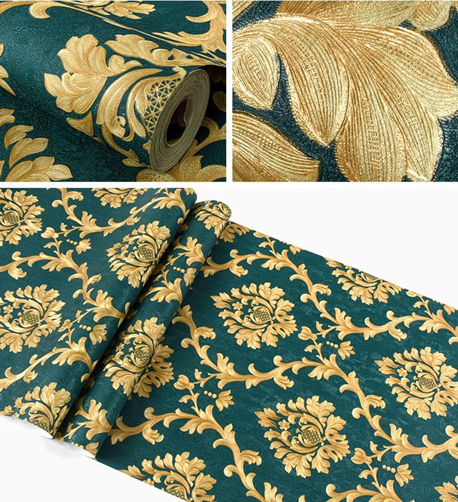 Q QIHANG 1.73' W x 32.8'L 3D Embossed Pattern European Style Damask Bedroom Living Room TV Background PVC Non-Pasted Wallpaper (Green)