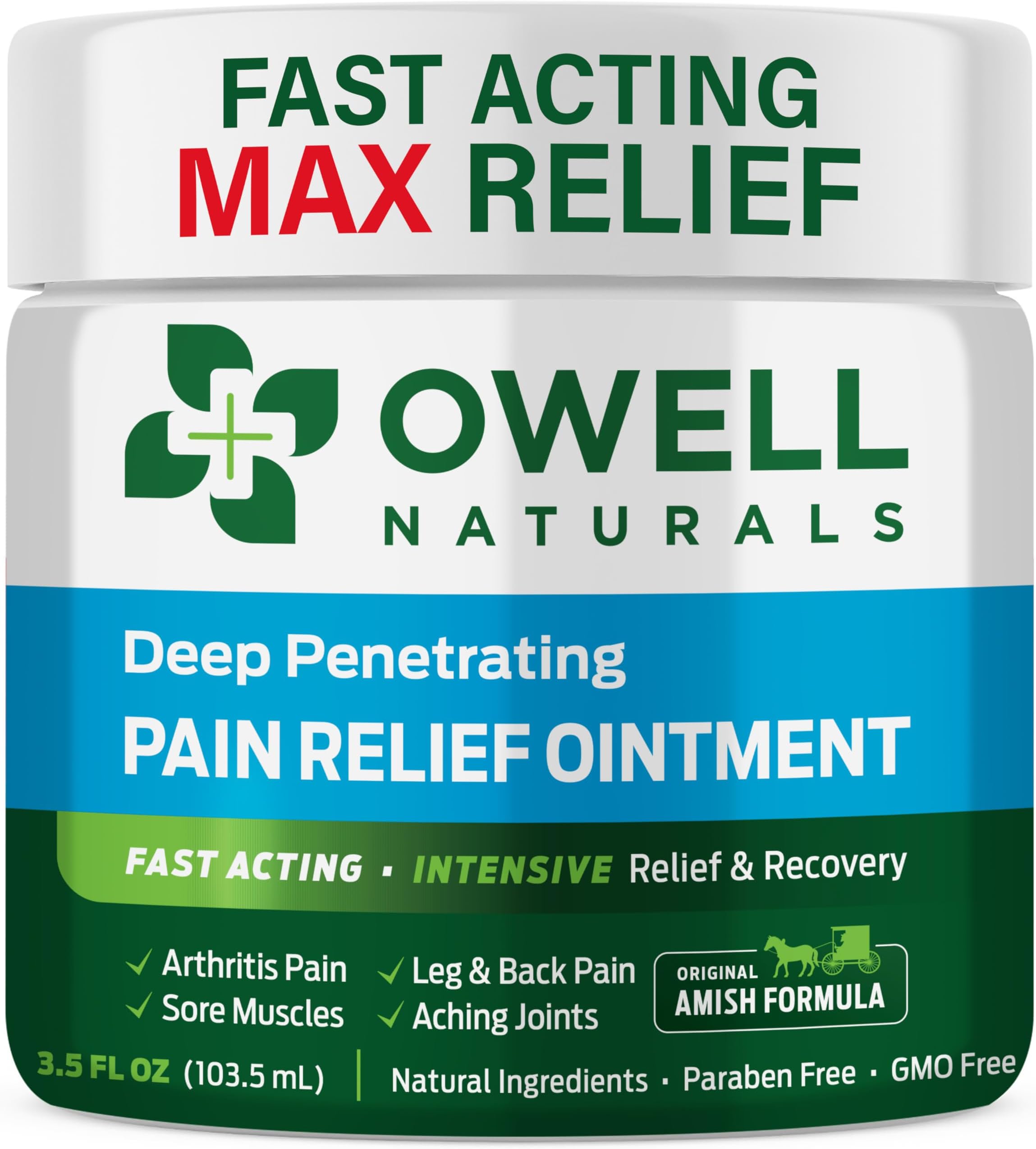 OWELL NATURALS Pain Relief Ointment Deep Penetrating Fast Acting Formula for Arthritis, Joint & Muscle Discomfort, Stiffness, Long-Lasting Soothing Balm, 3.5 oz