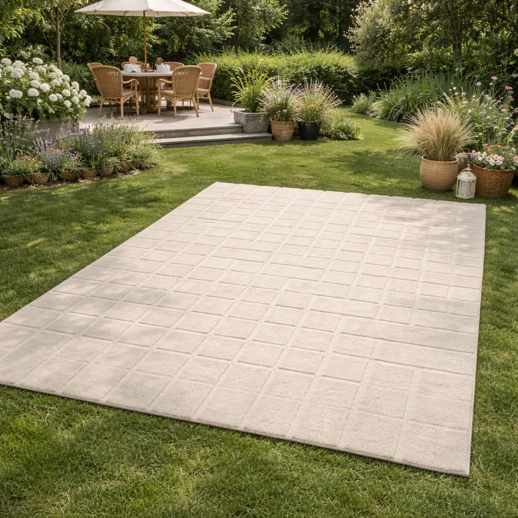 Luxury Hand-Tufted Wool Rug, Modern Beige Geometric Pattern Area Carpet for Living Room, Bedroom & Dining Multiple Popular Sizes 7x10, 6x9, 8x10, 9x12