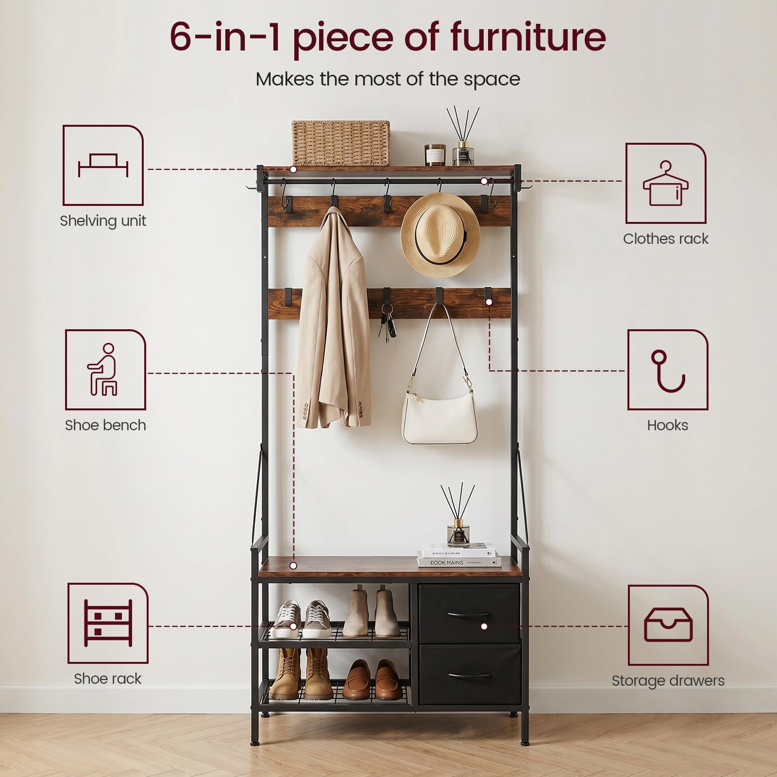 EGGREE Porte-Manteau avec Étagère à Chaussures, Meuble d’Entrée avec 15 Crochets Amovibles, 2 Tiroirs, Design Séparable, 6-en-1 Vestiaire, Style Industriel, 80 x 30 x 180 cm, Marron Rustique et Noir