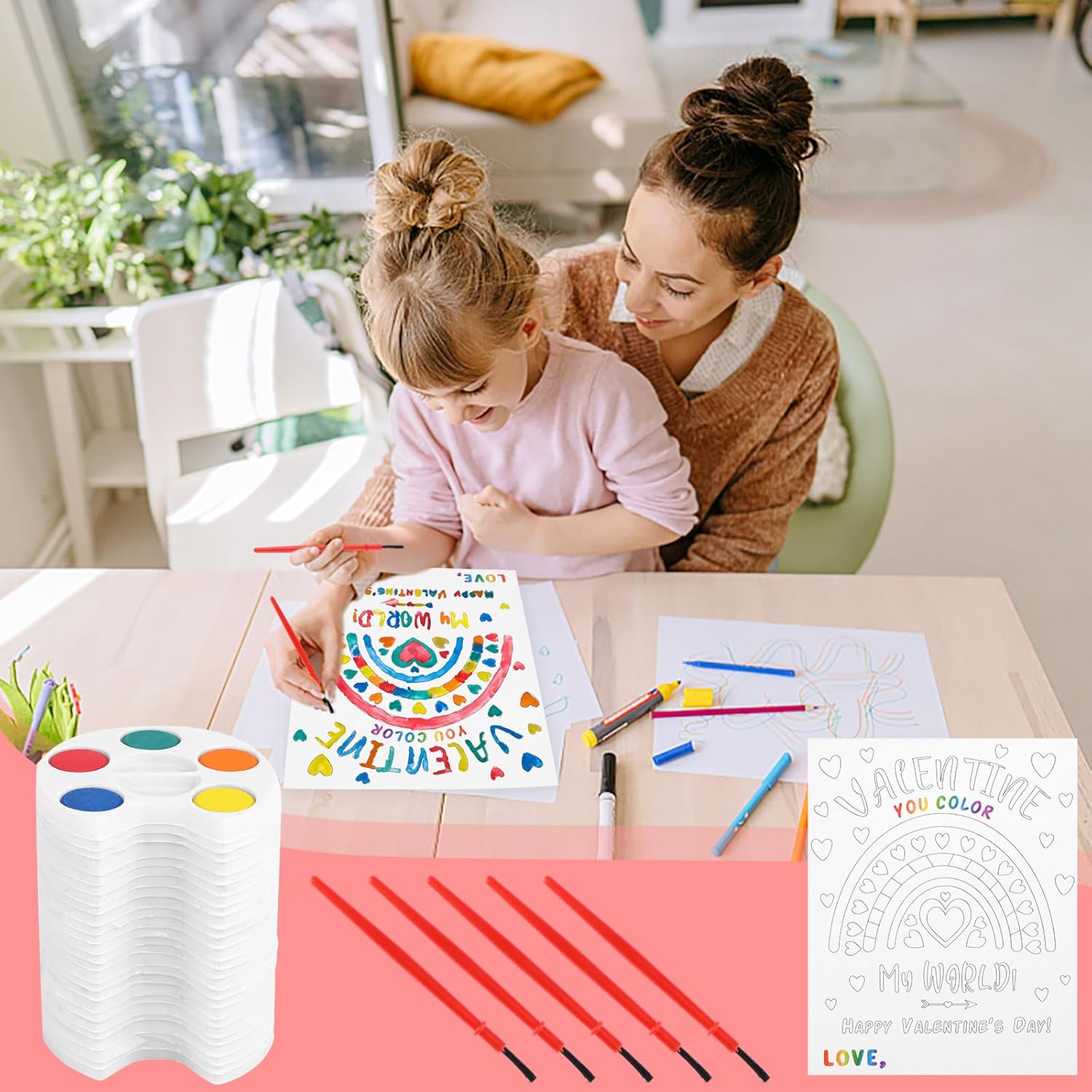 Valentines Day Gift Cards Set - 32 Pack Includes Painting Cards, Mini Watercolor Kids Paint Set, 5 Color Tray with Paint Brush, Preschool Classroom Activity