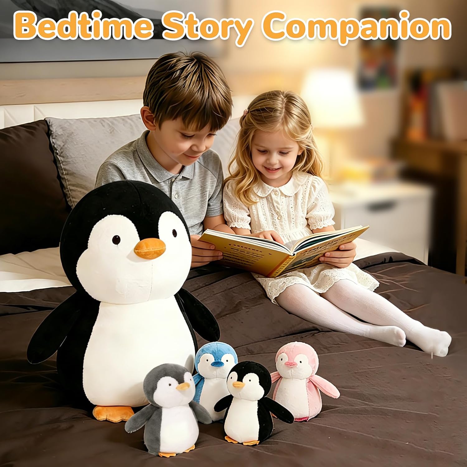 MMguai 5 Pcs Penguin Stuffed Animals Plush Toy Set, 16 Inch Stuffed Mommy Penguin with 4 Cute Babies in Zippered Belly, Big Soft Toy Cuddly Plushie Gift for Kids Boys Girls, Birthday, Party