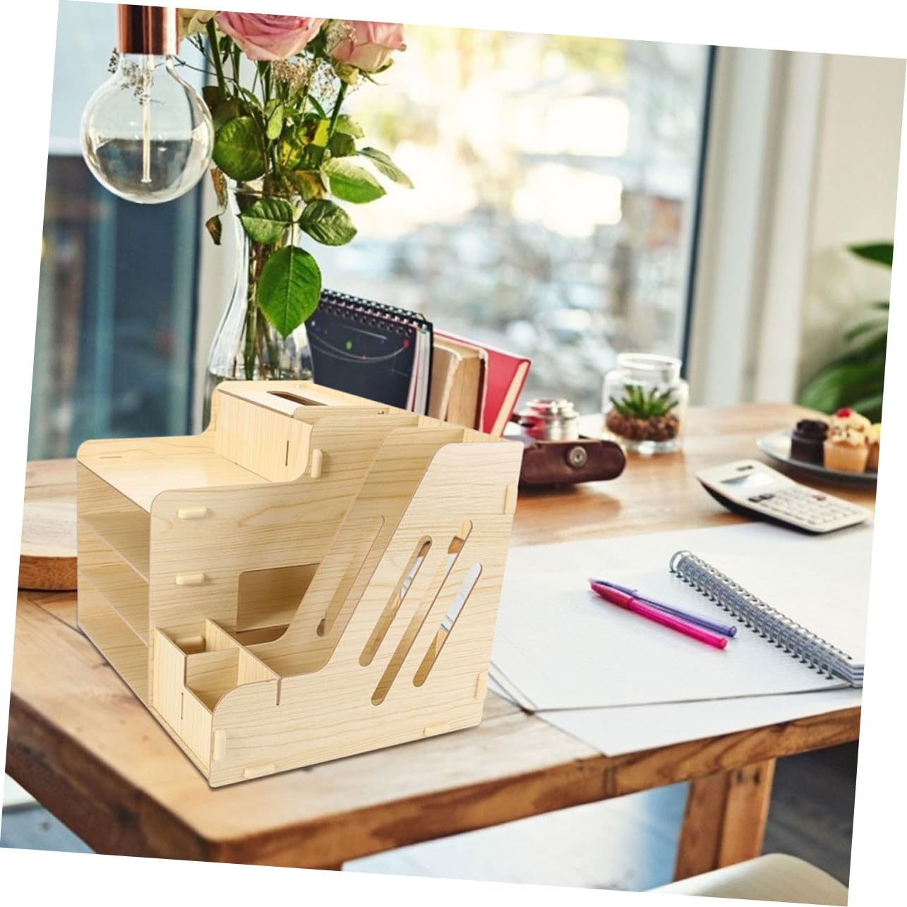 Organizador de Escritorio de Madera de Tamaño Mediano Cajones Extraíbles, Múltiples Compartimentos, para Oficina y Estudio, Soporte para Documentos y Papelería