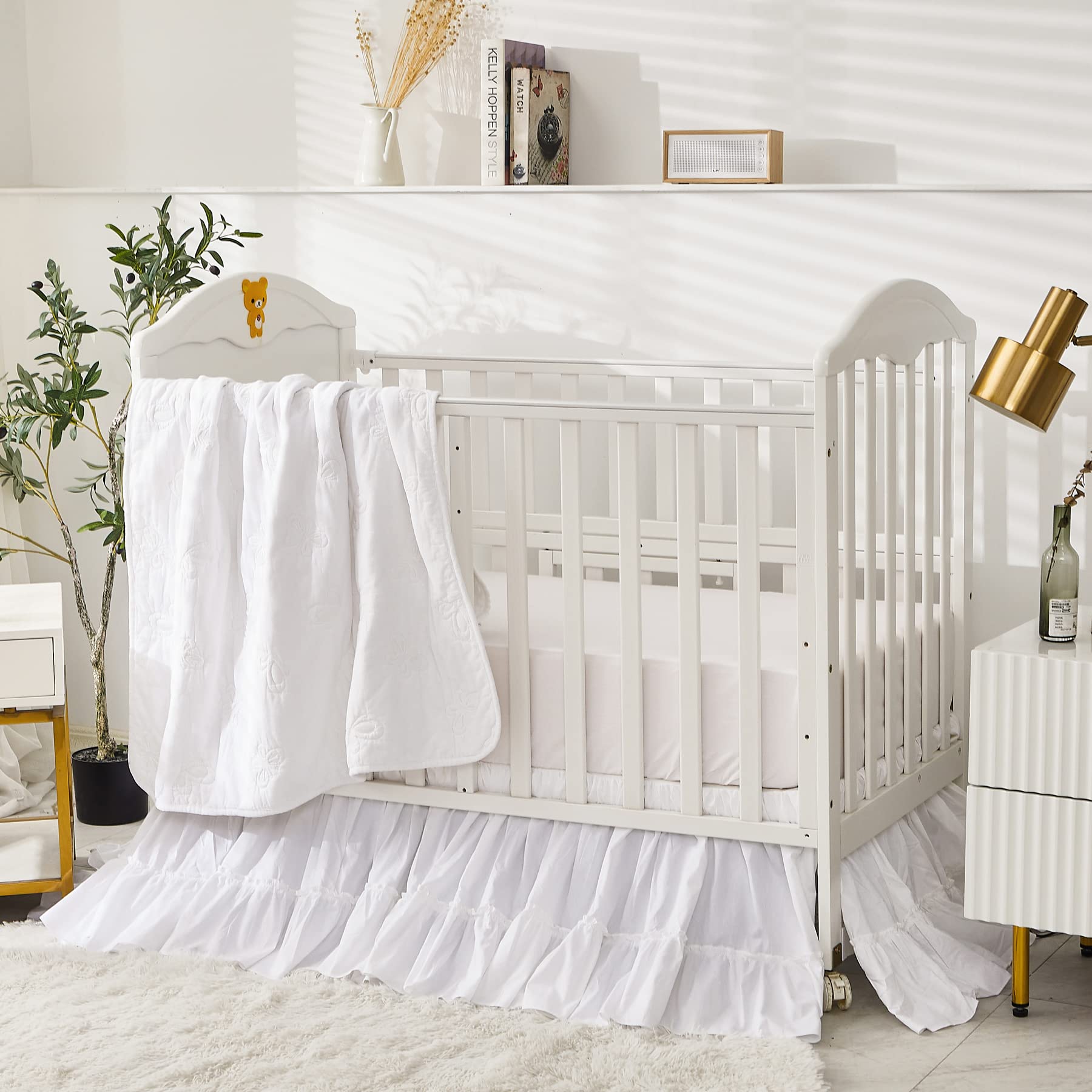 Brandream Set di biancheria da letto per culla, 3 pezzi, tinta unita, bianco, chic, unisex, con ricamo a farfalla