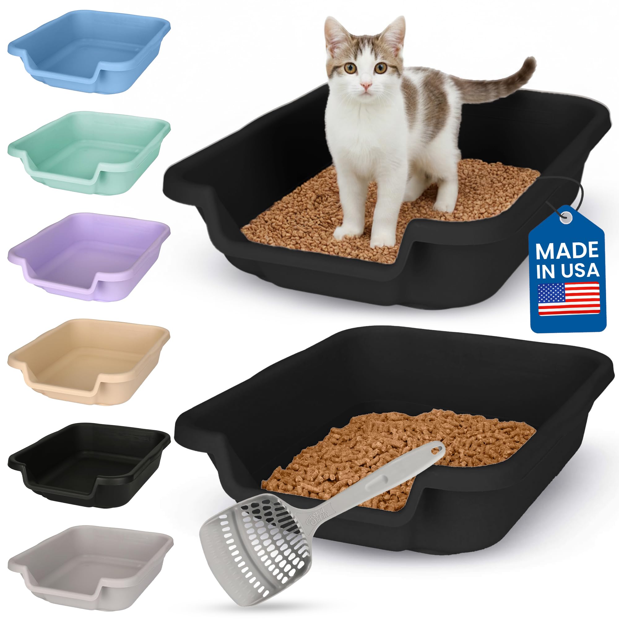 KittyGoHere Senior Cat Litter Box, Small Litter pan with Long-Handle Jumbo Scoop, Open Top Low Entrance Kitty Litters Box, Lightweight Low Entry Litter Box, Durable, Made in USA (2 Pack - Black) โ image 1
