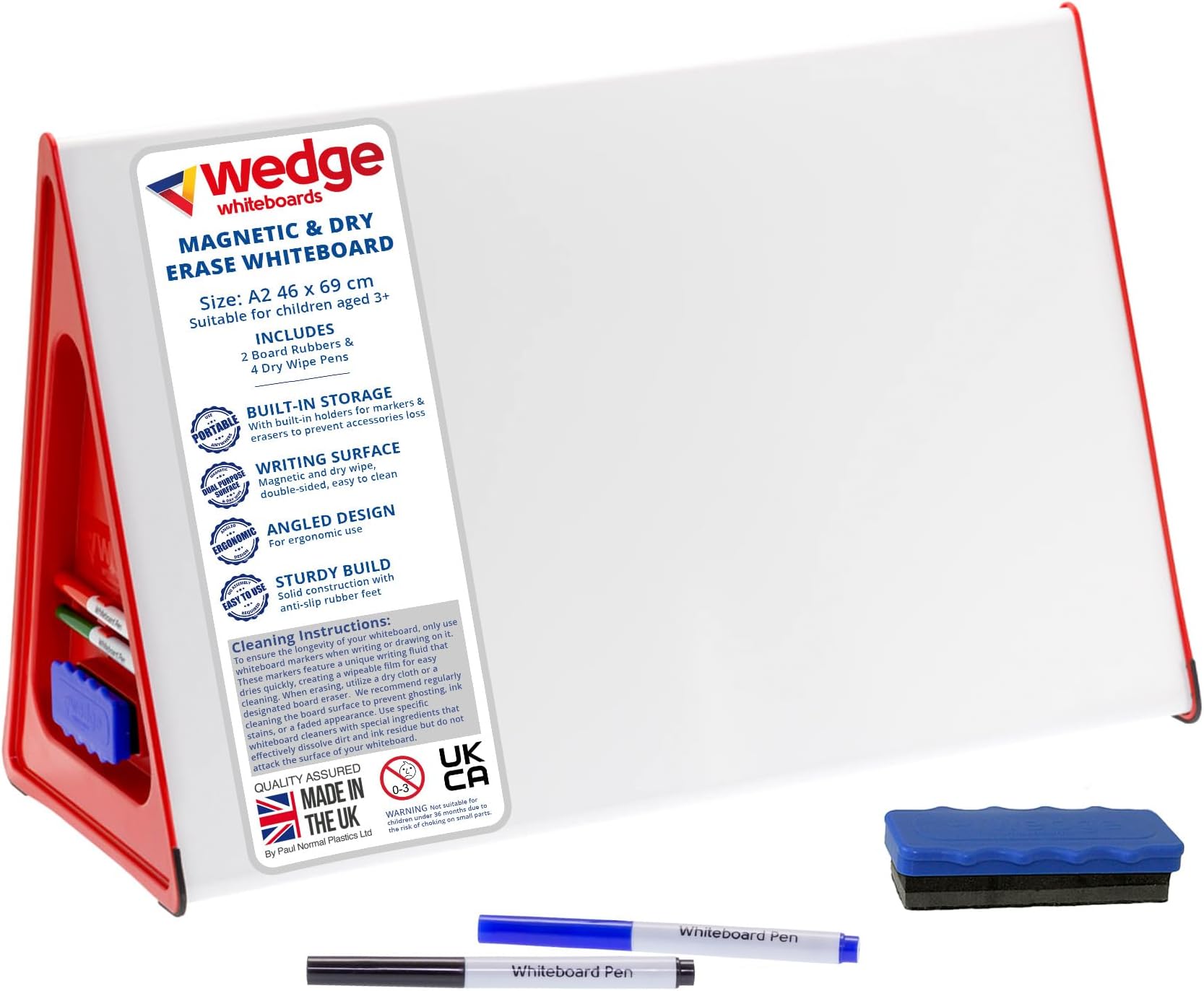 Wedge - Dry Erase Small Whiteboard A2 with Non-Slip Rubber Feet, Double Sided Magnetic Desktop White Board with 4 Pens, 2 Magnetic Erasers, Portable Writing Easel for Classroom & Home Ed Use (RED)