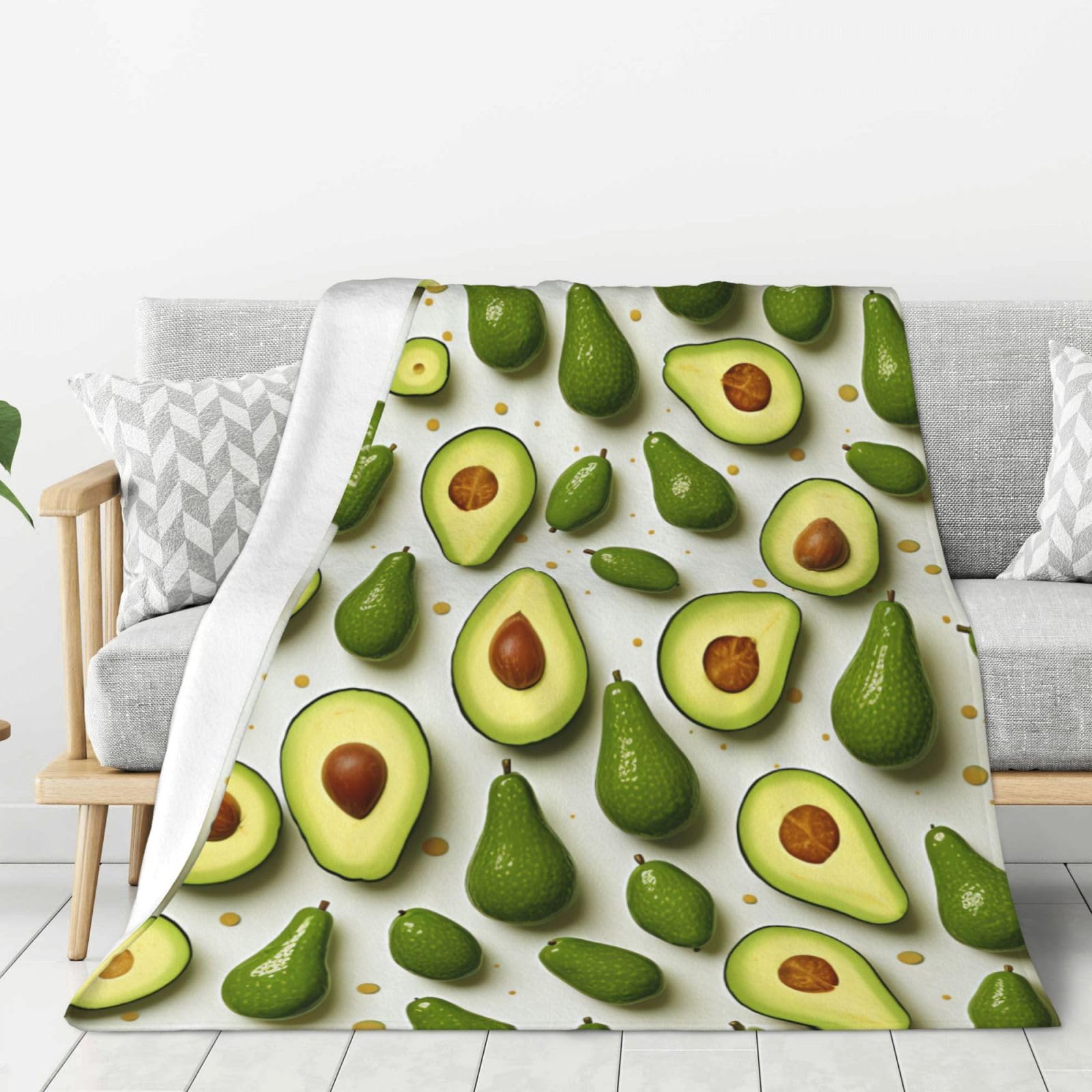 Couverture en flanelle 127x101cm blanc et vert motif avocat pour lit et canapé