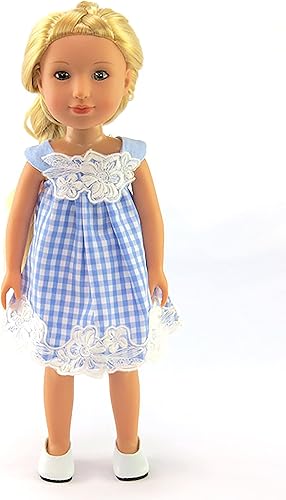 Miniatura 5 de American Fashion World Vestido de lunares de encaje blanco y amarillo para muñecas de 18 pulgadas  Calidad premium y diseño moderno  Ropa de muñecas