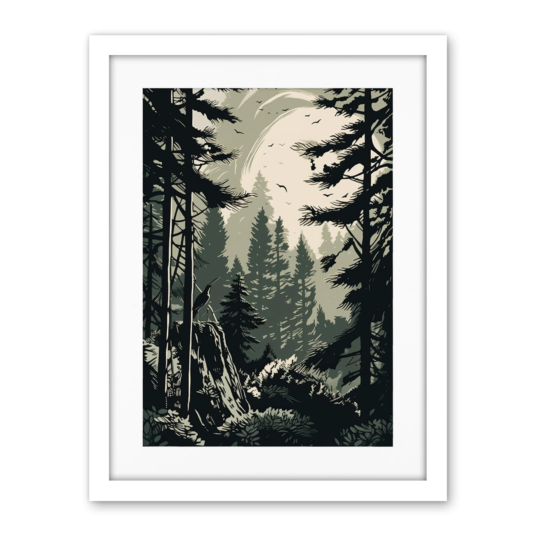 Artery8 Pine Tree Forest Sunrise Landscape Illustration Artwork Framed Wall Art Print 18X24 Inch
