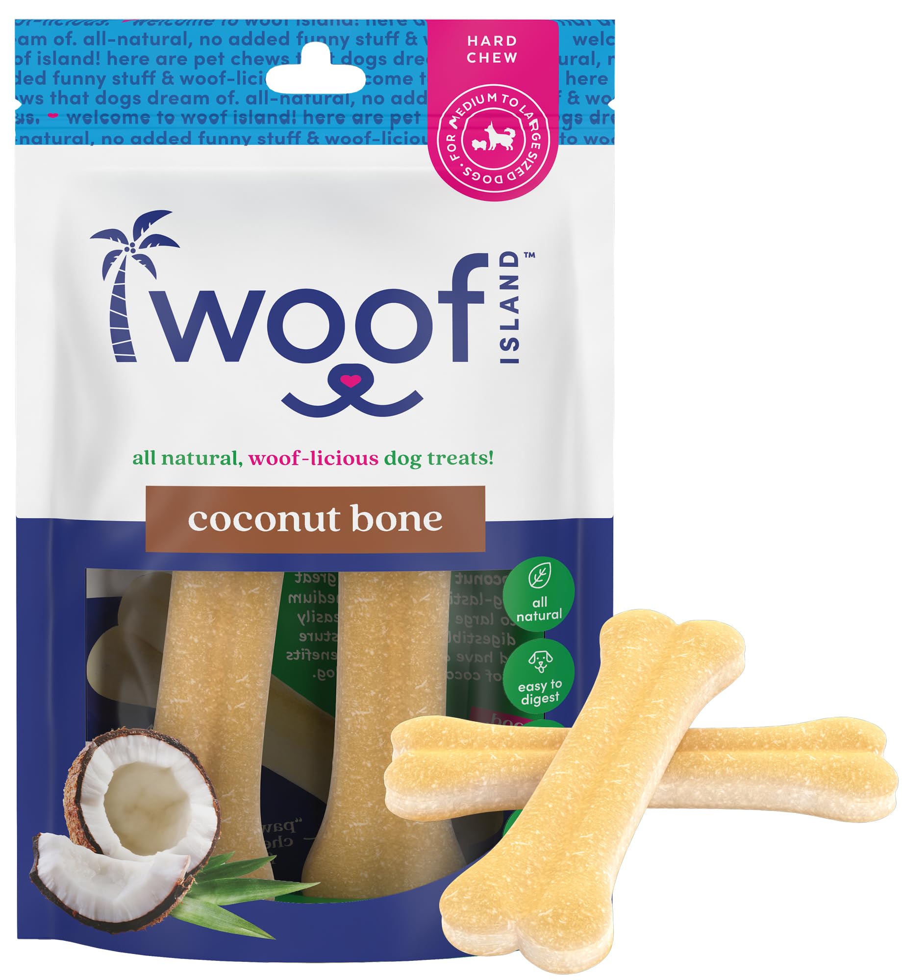Woof Island Coconut Dogs Bones - Premium, All Natural Coconut Pets Treats - Healthy Puppy Treats & Vitamin Rich Rawhide Free Chews - (Original)