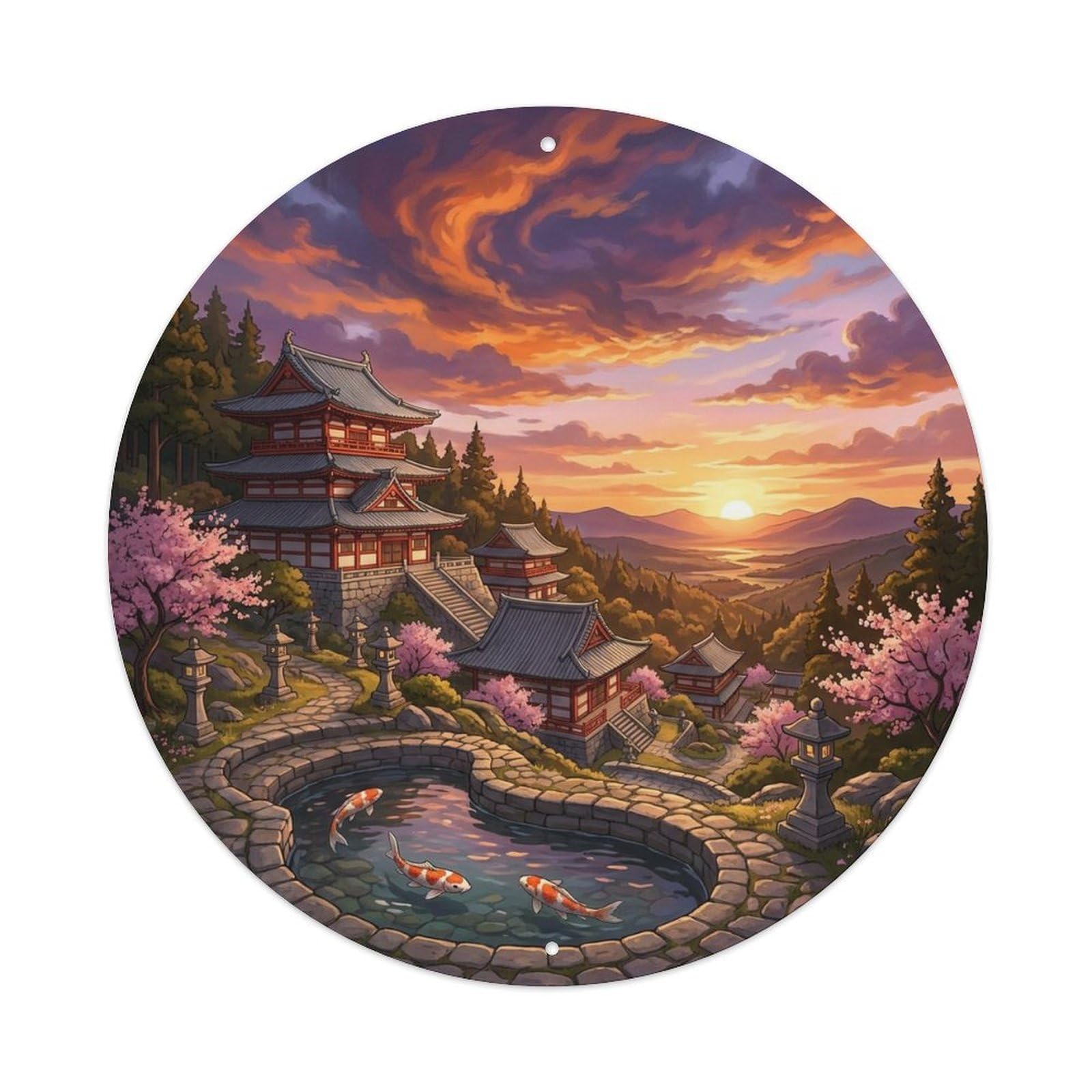 Sunset Koi Garden Pond Vintage Landscape Hillside View Metal Tin Sign Plaque Wall Decor for Cafe, Man Cave, Club Bar, Office, Home Garden Round Metal Poster 8x8Inch
