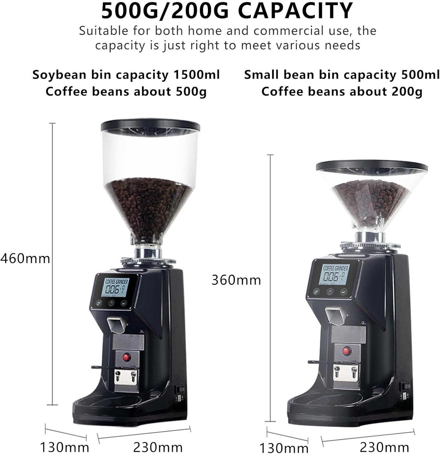200 g/500 g Electric Flat Burr Coffee Bean Grinder,w/19 Precise Grinding Settings,200 W Commercial Espresso Coffee Machine Digital Display,Black-500ml