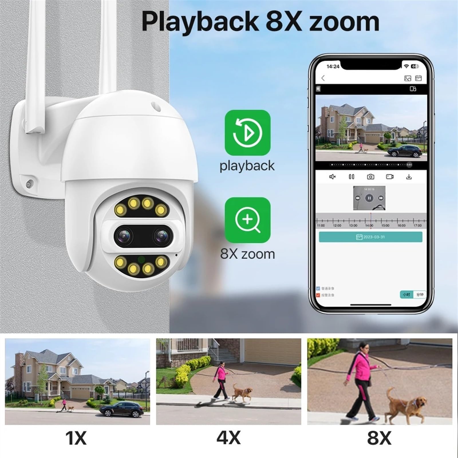 Telecamera Wifi Esterno, Telecamera IP esterna da 8MP 4K Zoom 8x Telecamera di videosorveglianza PTZ con doppio obiettivo Telecamera CCTV HD senza fili con rilevamento umano ,Sicurezza, Antifurto(4MP