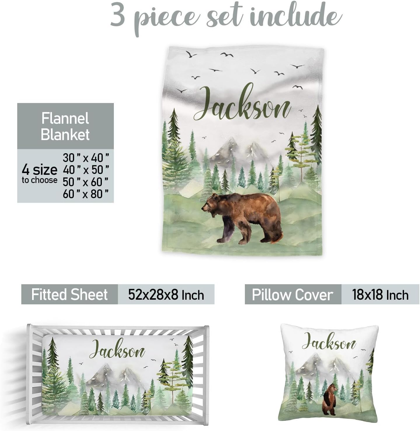 Custom Name Baby Crib Bedding Set – Personalized 3-Piece Nursery Set for Boys, Includes Soft Blanket, Fitted Sheet & Pillowcase – Woodland Bear Baby Bedding Gift for Newborn & Toddler