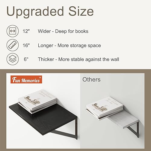 Miniatura 4 de Fun Memories Estantes flotantes profundos para pared, estantes flotantes negros de 12 pulgadas de profundidad, juego de 2, estantes de pared de 16