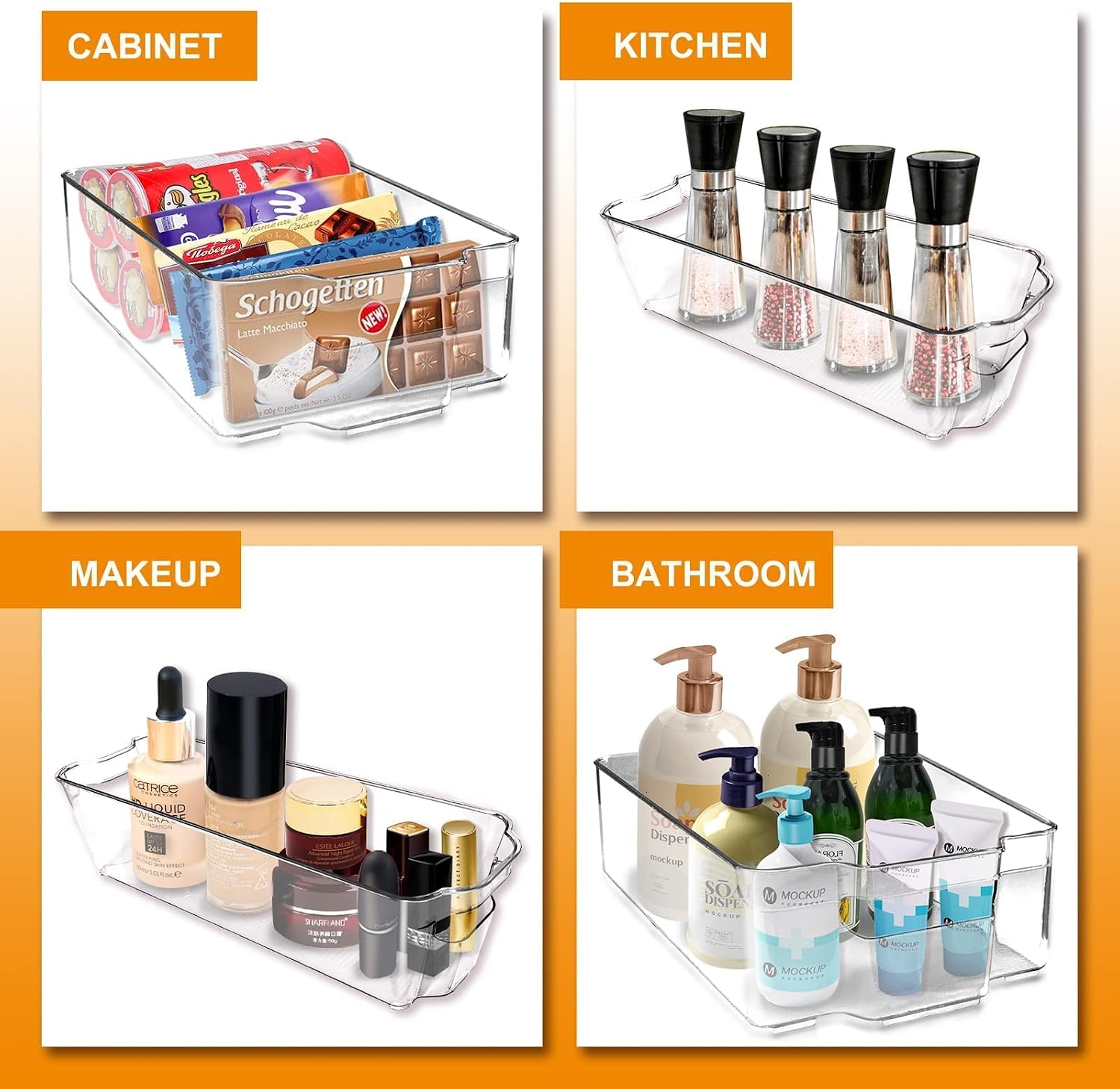 Favbal Set of 8 Clear Pantry Organizers - Plastic Refrigerator Bins with Handles, Food Containers for Fridge Freezer Kitchen Cabinet Organization and Storage (3 Wide & 4 Narrow & 1 Egg Holder)