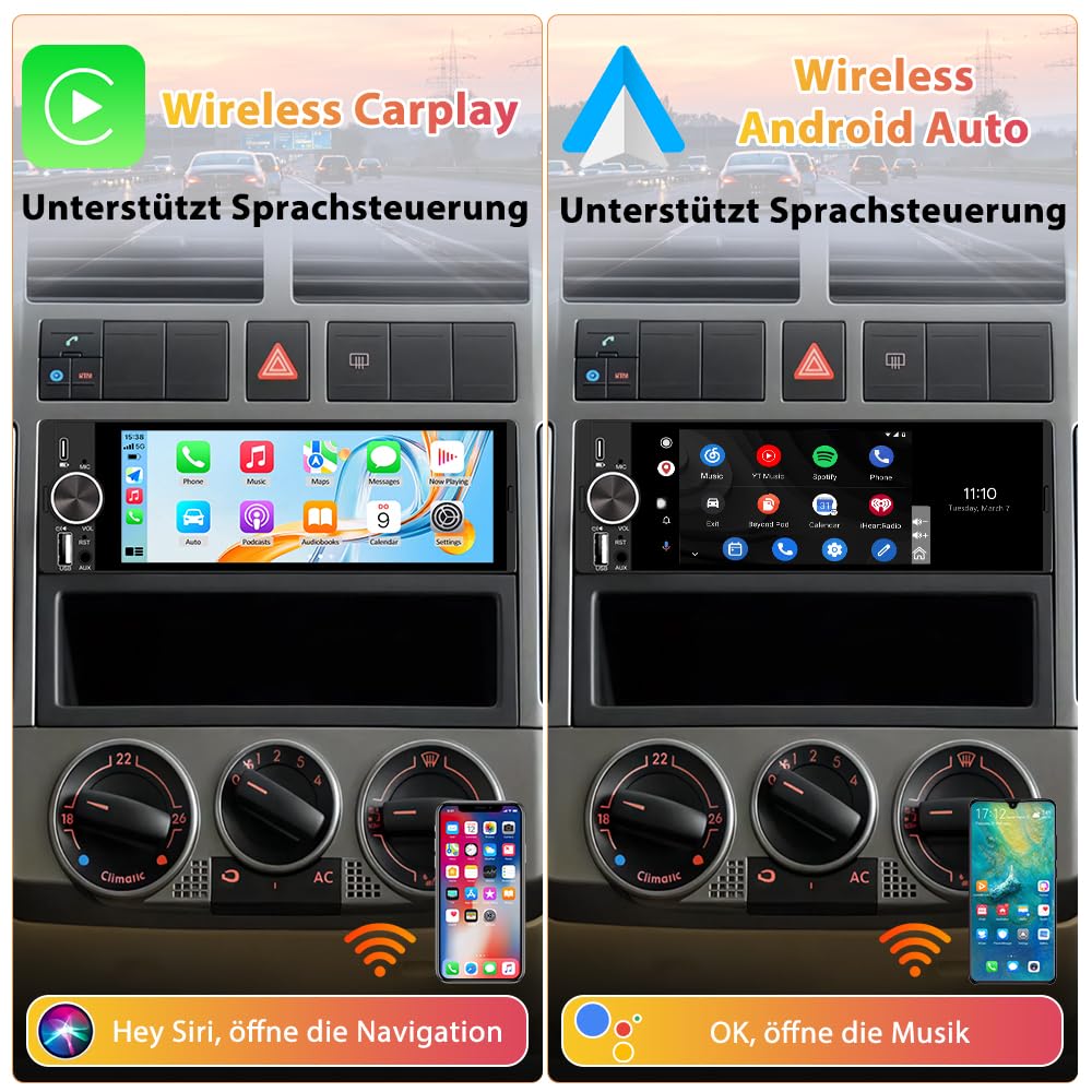 1 DIN Universales Autoradio, Carplay, Android Auto, DAB+, Rückfahrkamera | 6,28 Zoll Touchscreen, Online-Navigation von Carplay, RDS, Typ-C-Anschluss, USB-Anschluss, AUX Anschluss, Bluetooth