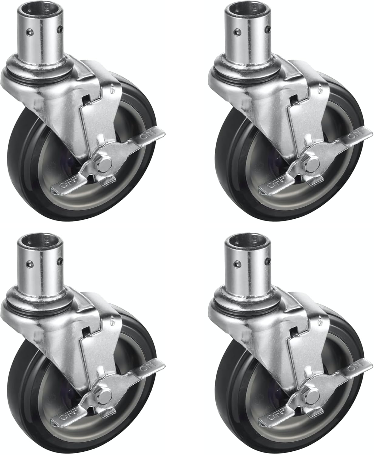APLSS 5" Universal Wire Shelving Swivel Casters, Polyurethane, Set of 4, Top Lock Brake, for 1" Diameter Wire Shelving Posts