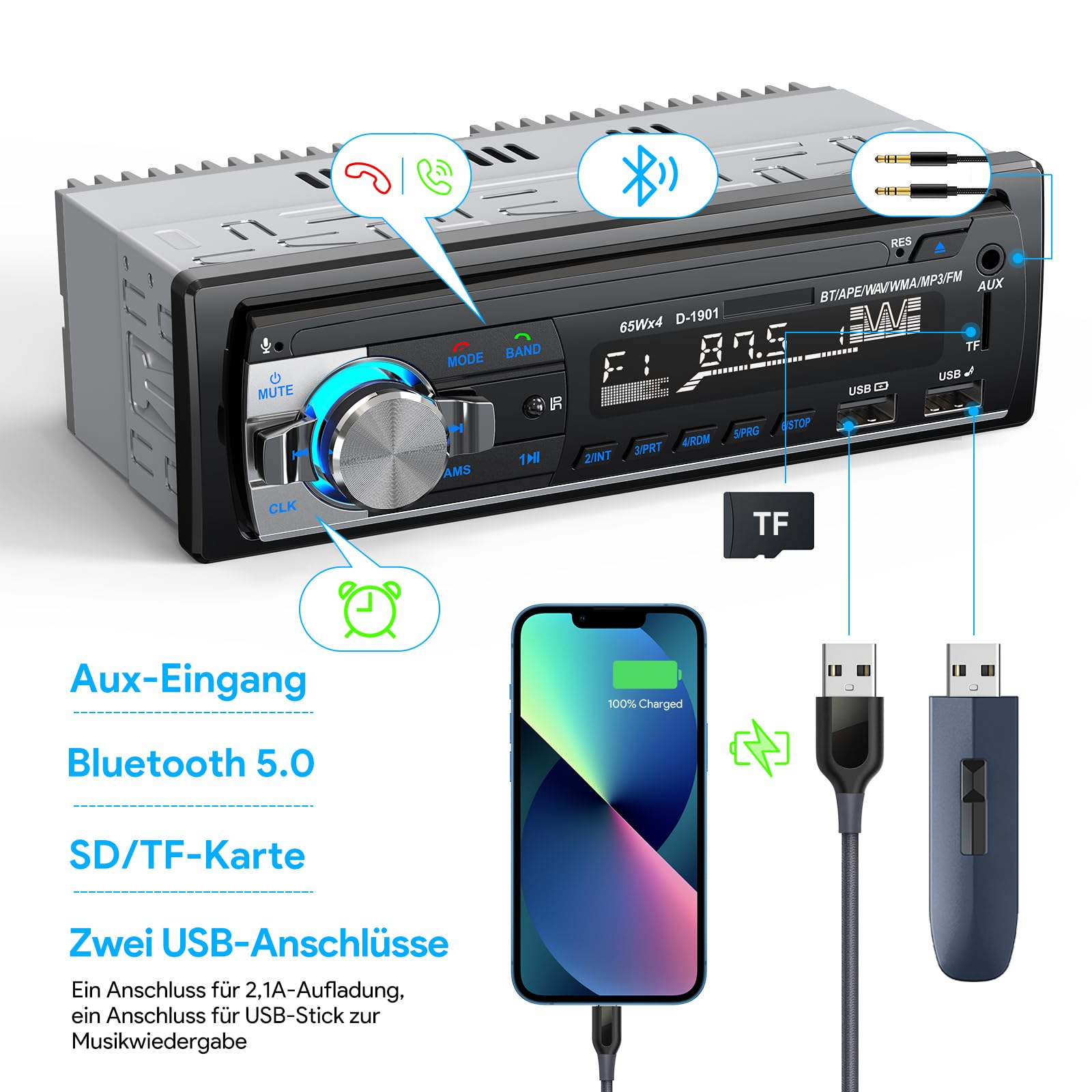 RDS Autoradio Bluetooth 5.0, CENXINY Auto Radio Bluetooth Freisprecheinrichtung, 4x65W 1 Din Autoradio mit Uhr/Fernbedienung MP3 Player unterstützt 2 USB/AUX-Eingänge/TF/SD/FM/iOS Android(Keine CD)