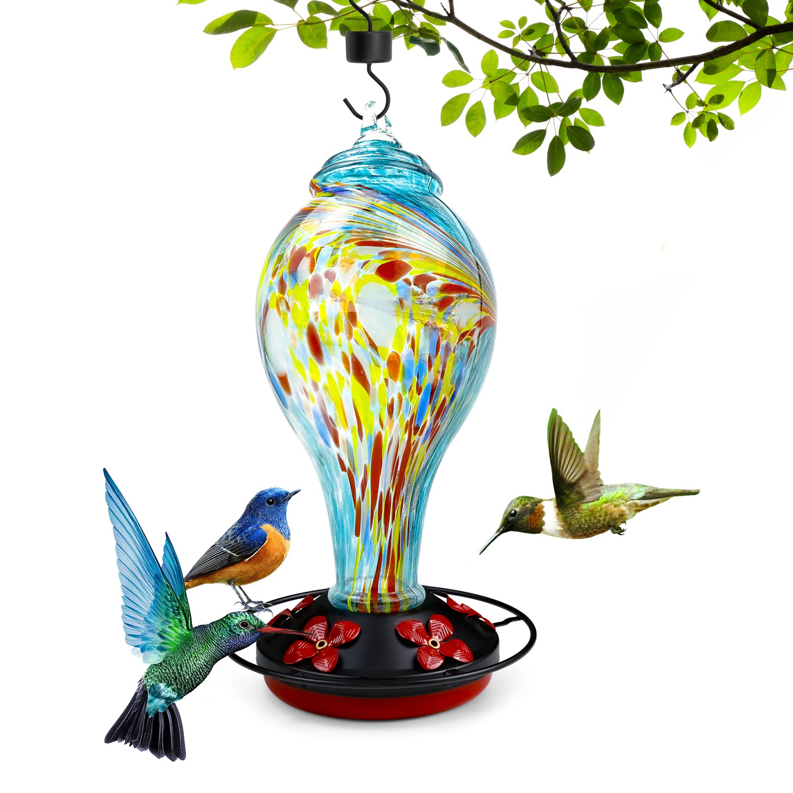 LaElvish Kolibri-Futterspender – 900 Ml, Mundgeblasenes Glas, 4 Sitzstangen – Auslaufsicher, Für Garten
